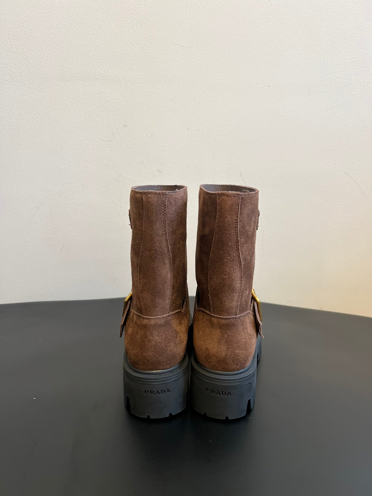 PRADA 25S PLATFORM ANKLE BOOTS IN BROWN SUEDE WITH GOLD HARDWARE - 35