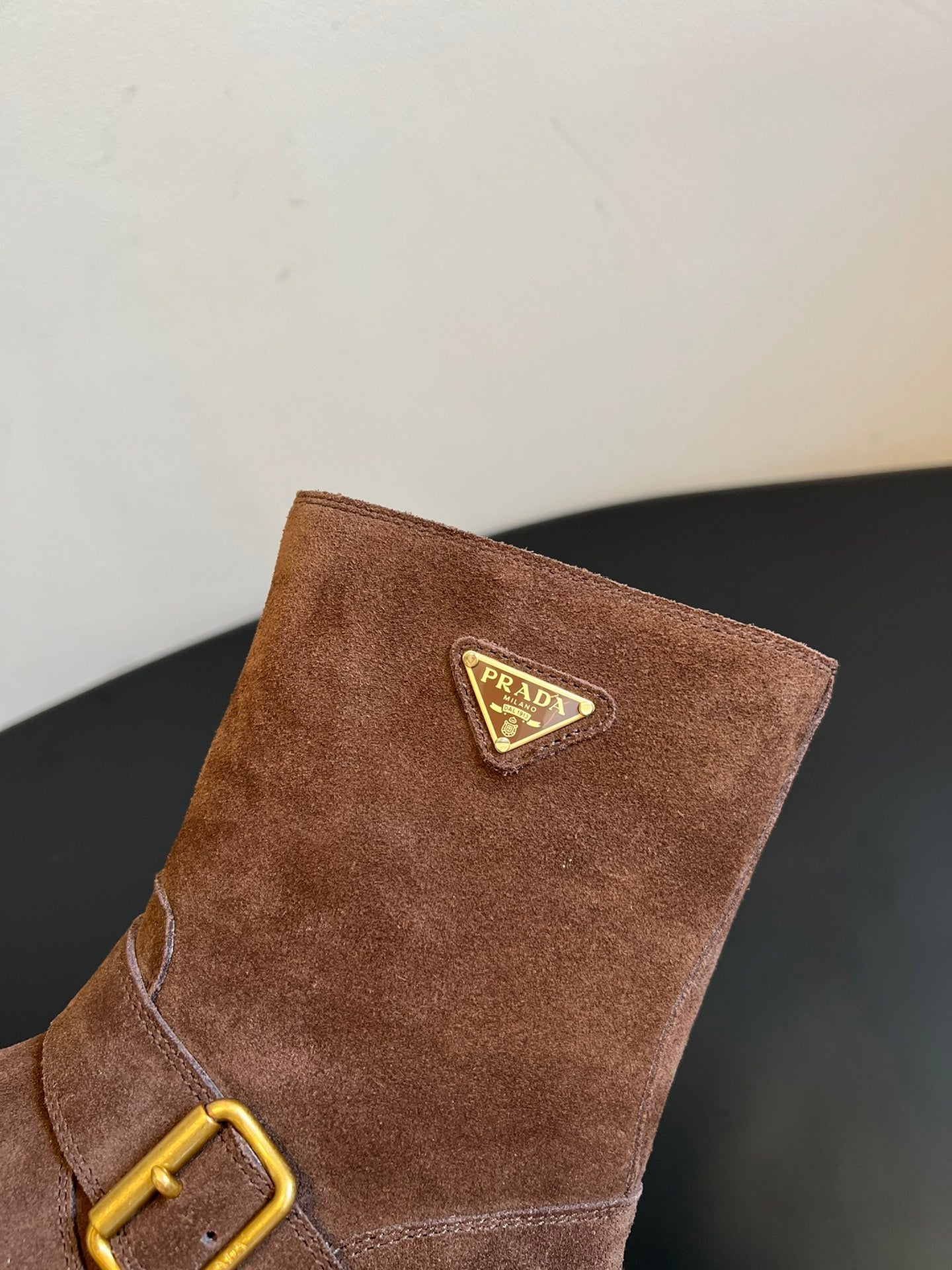 PRADA 25S PLATFORM ANKLE BOOTS IN BROWN SUEDE WITH GOLD HARDWARE - 35