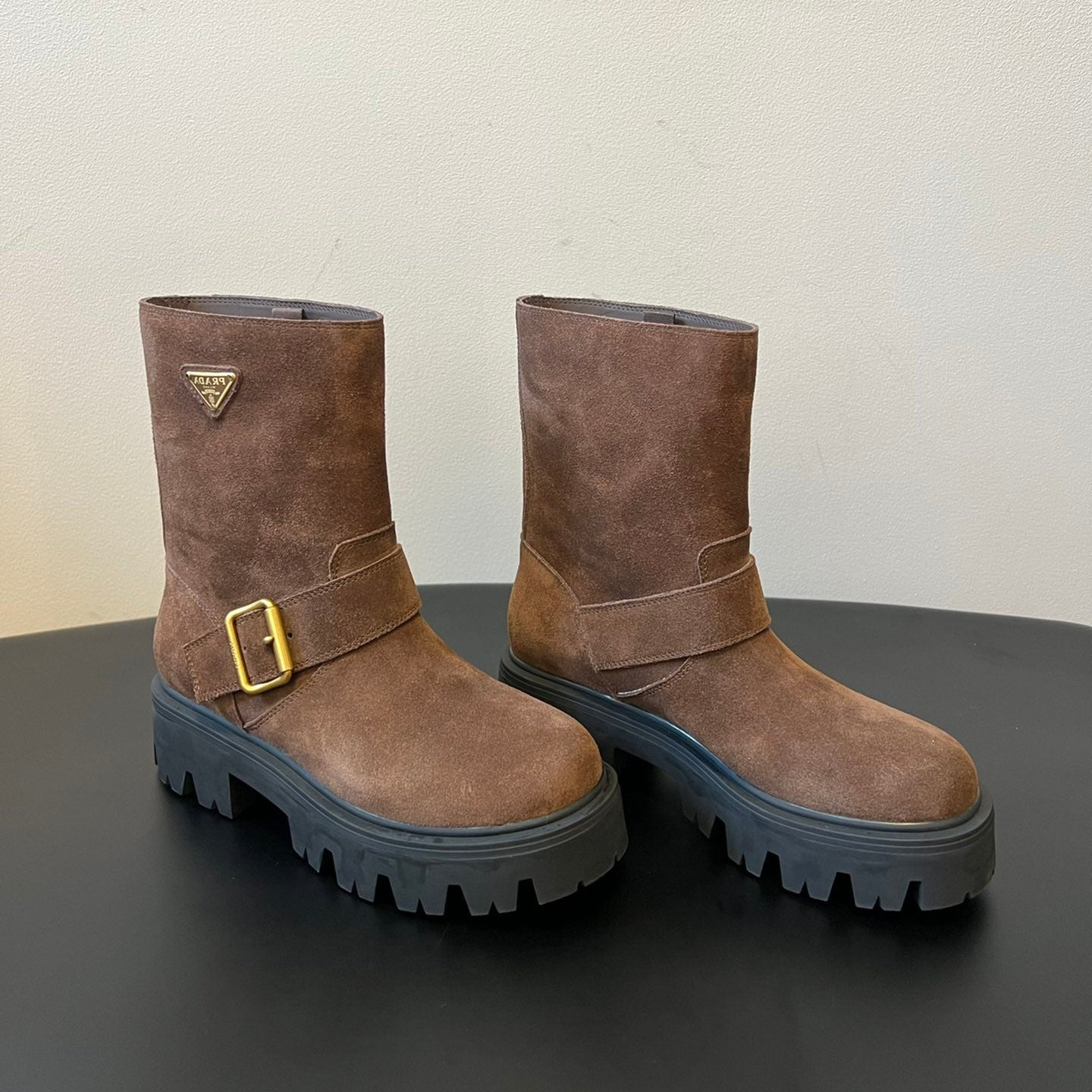 PRADA 25S PLATFORM ANKLE BOOTS IN BROWN SUEDE WITH GOLD HARDWARE - 35