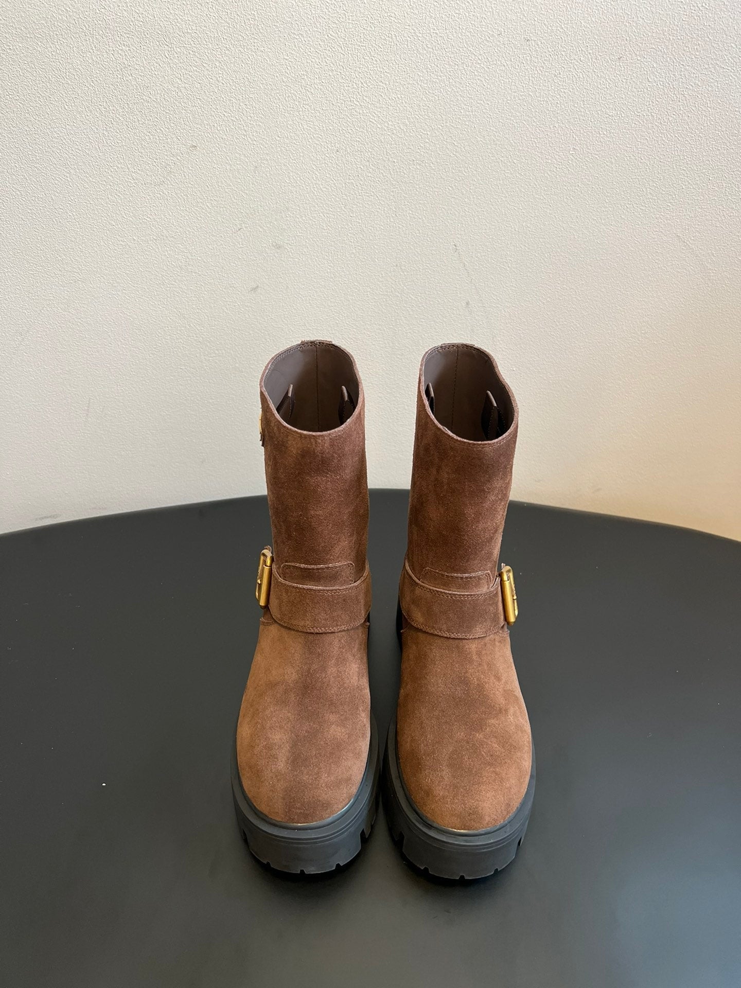 PRADA 25S PLATFORM ANKLE BOOTS IN BROWN SUEDE WITH GOLD HARDWARE - 35