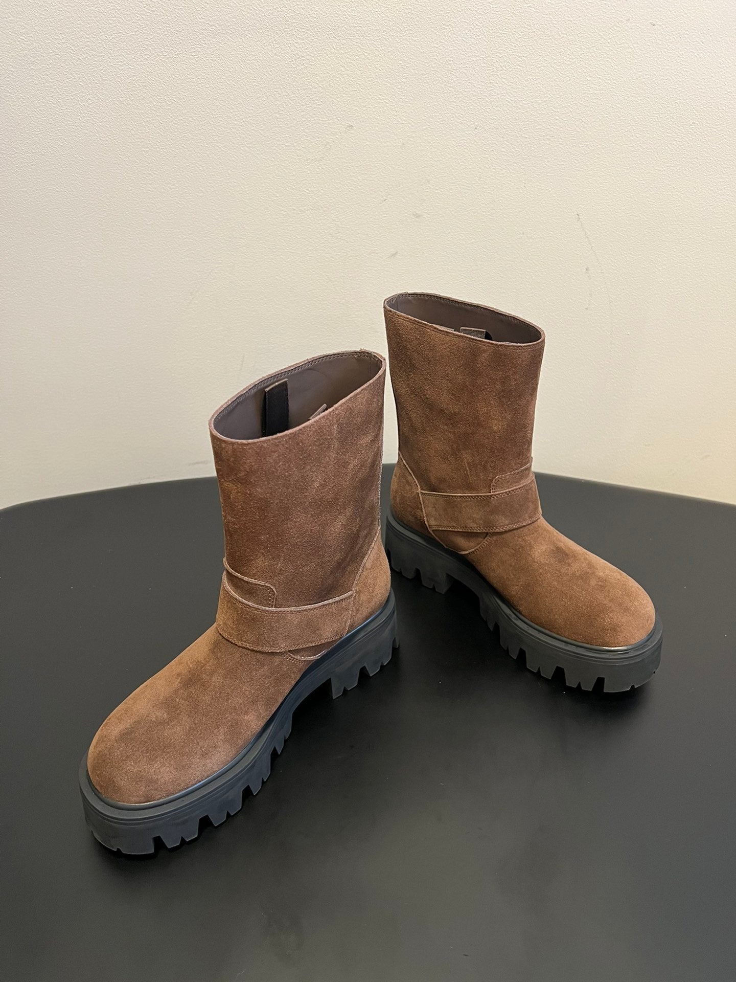 PRADA 25S PLATFORM ANKLE BOOTS IN BROWN SUEDE WITH GOLD HARDWARE - 35