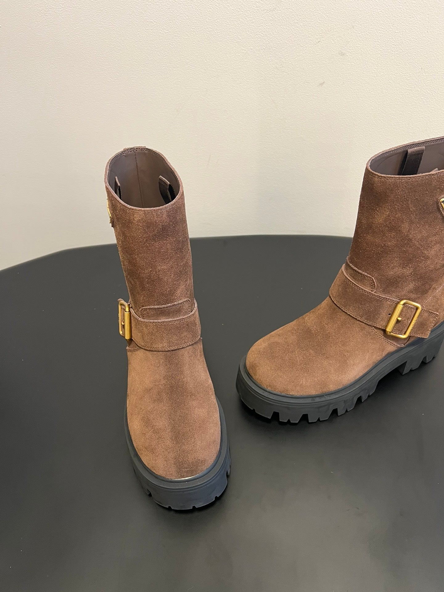 PRADA 25S PLATFORM ANKLE BOOTS IN BROWN SUEDE WITH GOLD HARDWARE - 35