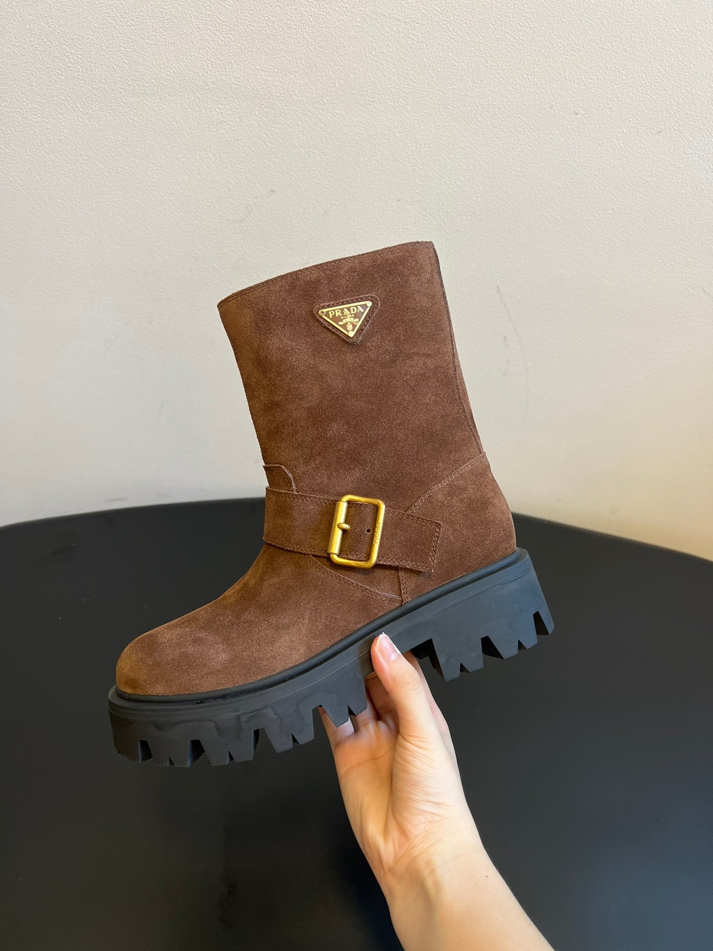 PRADA 25S PLATFORM ANKLE BOOTS IN BROWN SUEDE WITH GOLD HARDWARE - 35