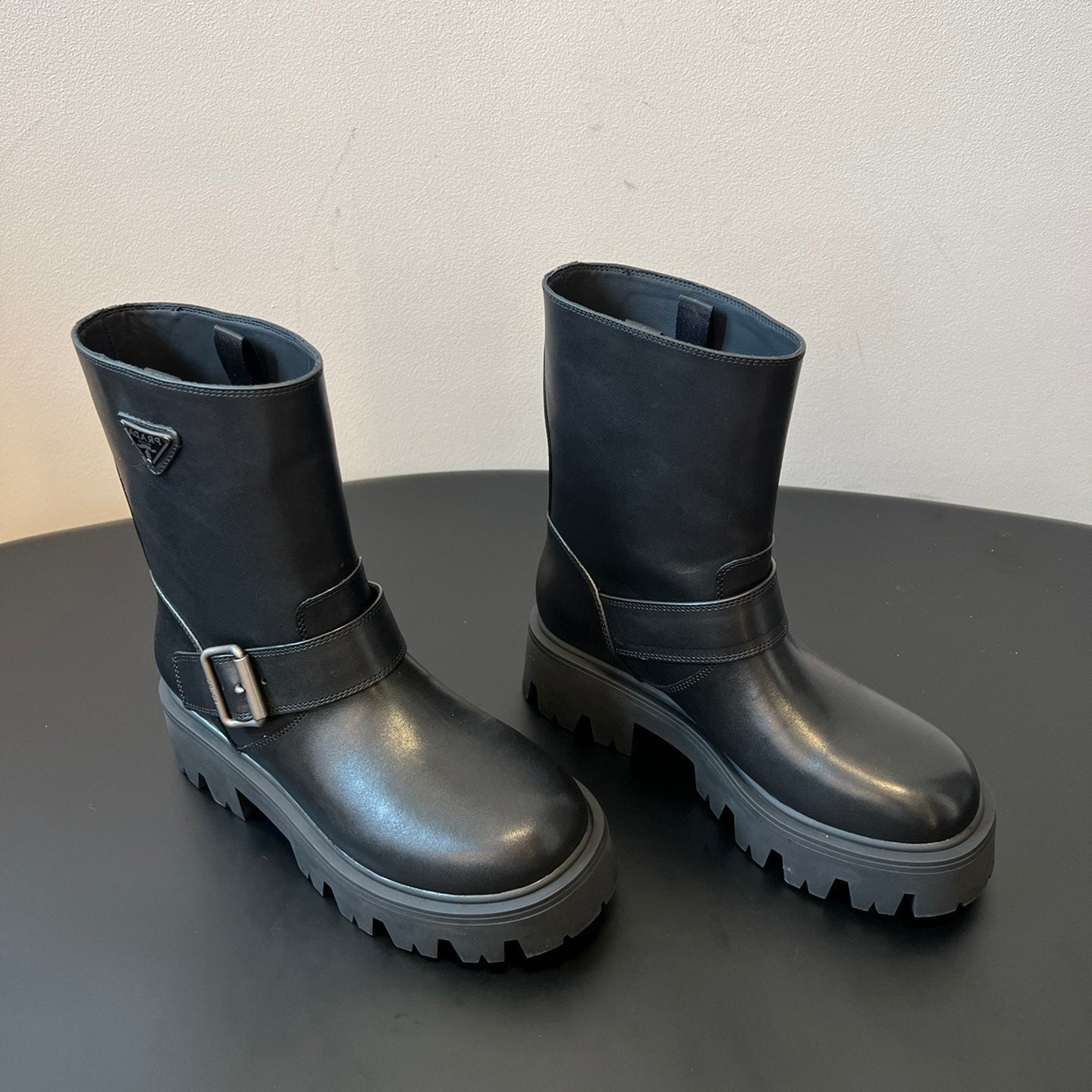 PRADA 25S PLATFORM ANKLE BOOTS IN BLACK CALFSKIN WITH SILVER HARDWARE - 35