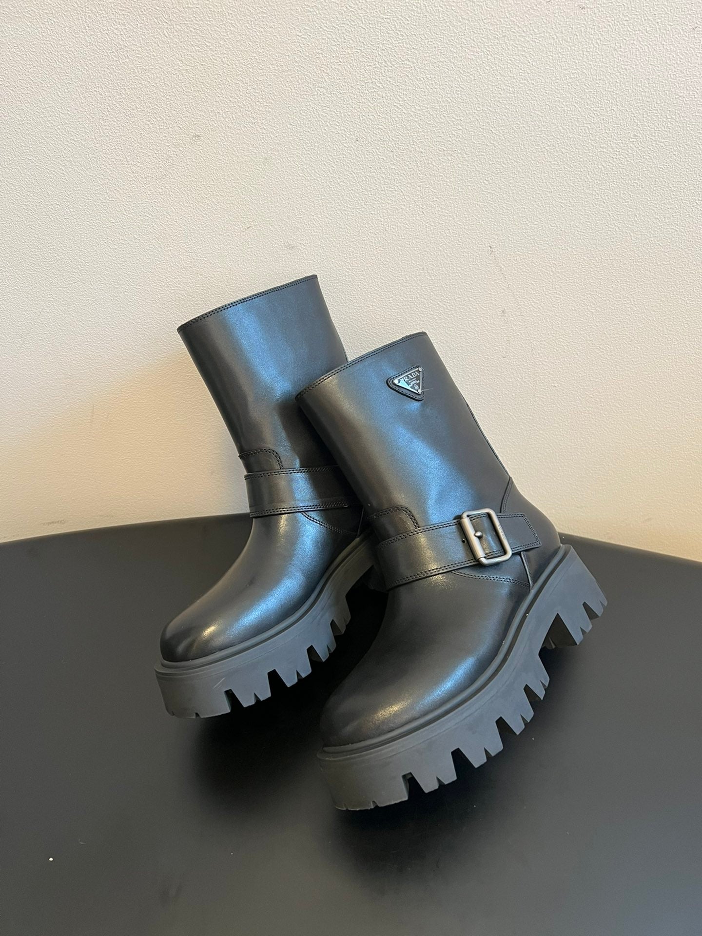 PRADA 25S PLATFORM ANKLE BOOTS IN BLACK CALFSKIN WITH SILVER HARDWARE - 35