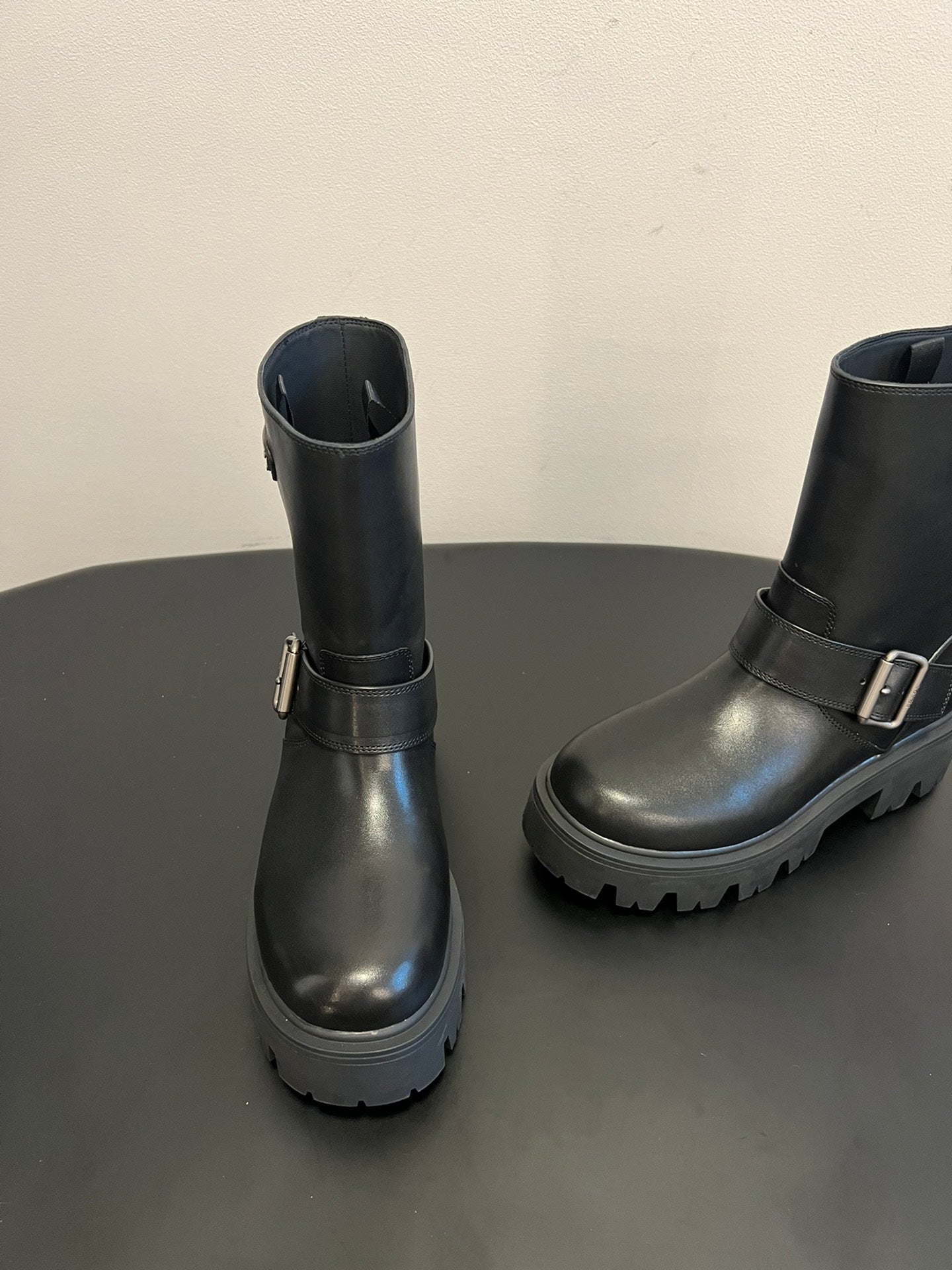 PRADA 25S PLATFORM ANKLE BOOTS IN BLACK CALFSKIN WITH SILVER HARDWARE - 35