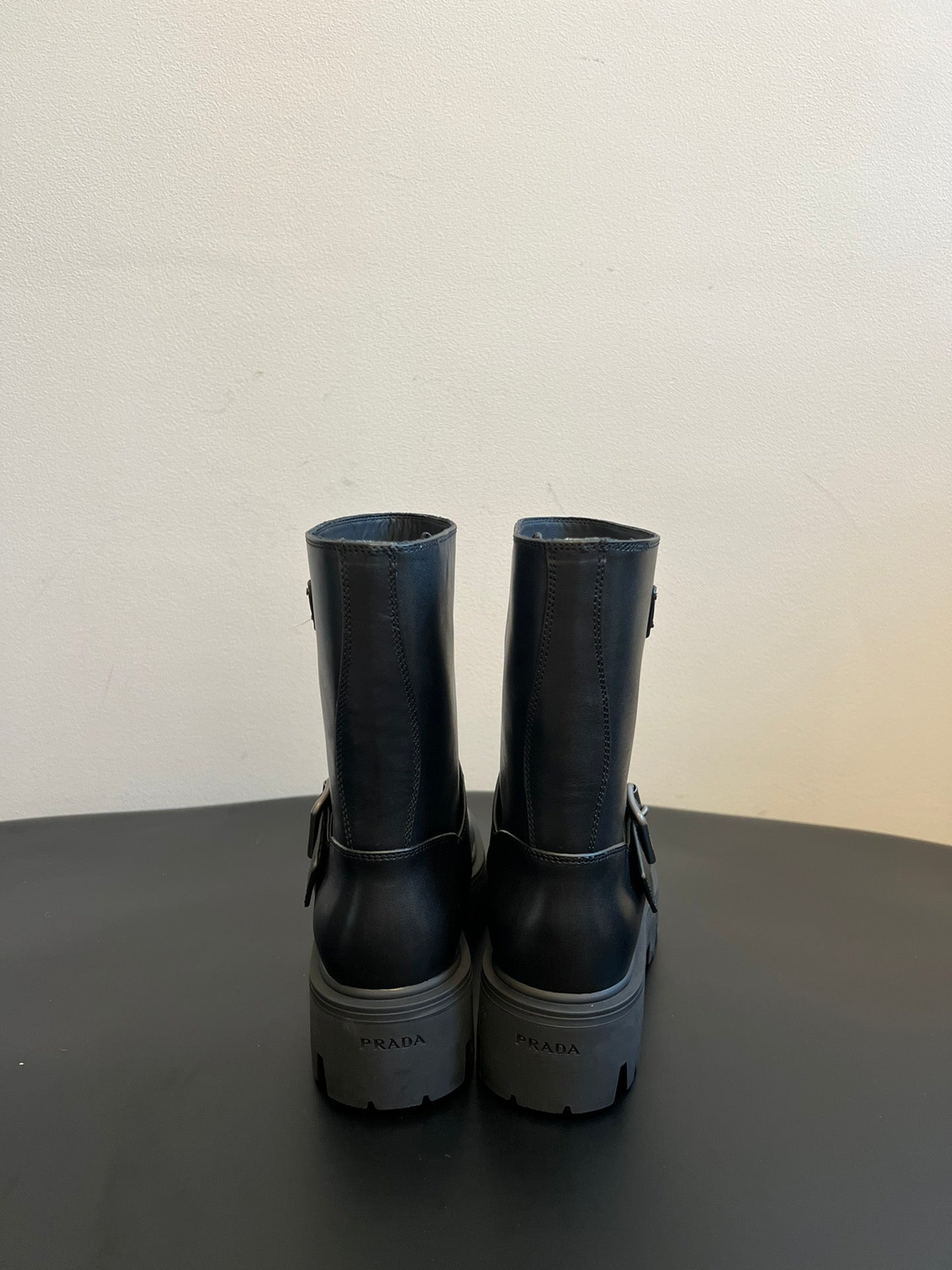 PRADA 25S PLATFORM ANKLE BOOTS IN BLACK CALFSKIN WITH SILVER HARDWARE - 35