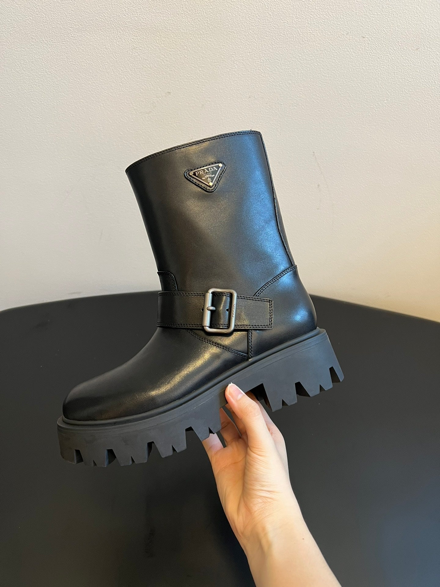 PRADA 25S PLATFORM ANKLE BOOTS IN BLACK CALFSKIN WITH SILVER HARDWARE - 35
