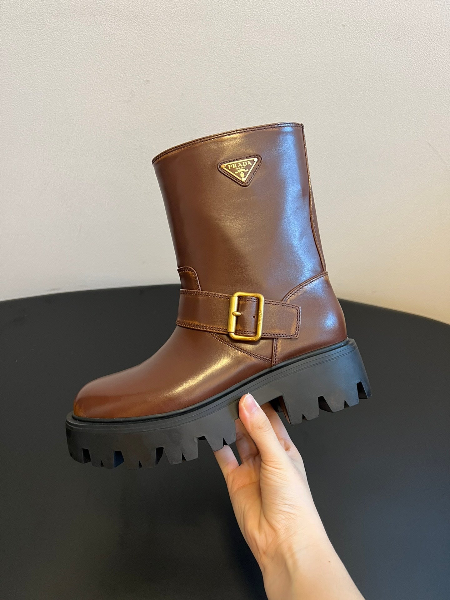 PRADA 25S PLATFORM ANKLE BOOTS IN BROWN CALFSKIN WITH GOLD HARDWARE - 35