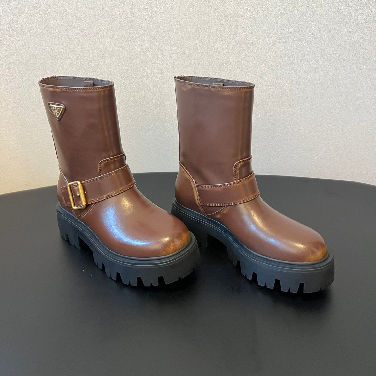 PRADA 25S PLATFORM ANKLE BOOTS IN BROWN CALFSKIN WITH GOLD HARDWARE - 35