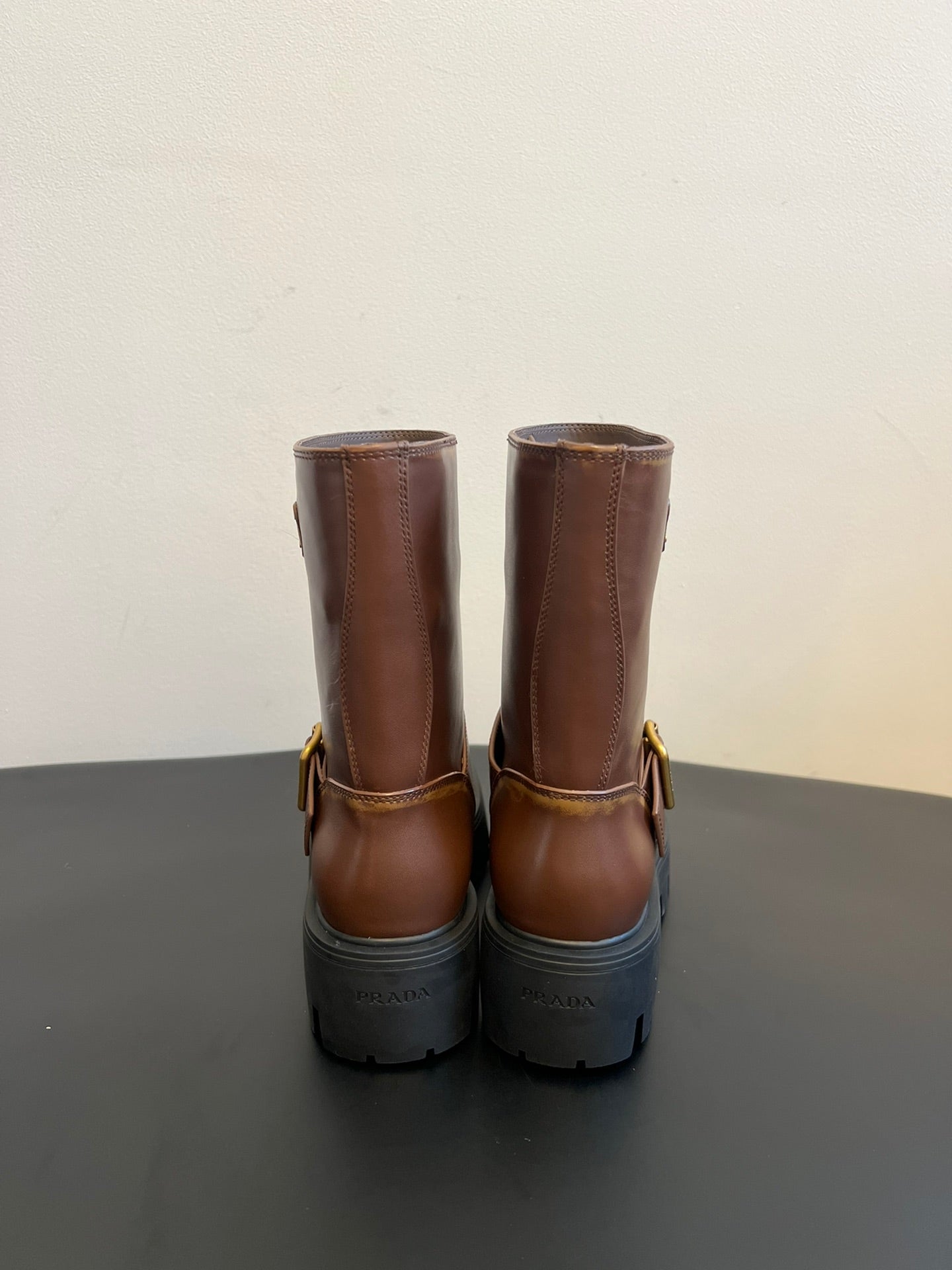 PRADA 25S PLATFORM ANKLE BOOTS IN BROWN CALFSKIN WITH GOLD HARDWARE - 35