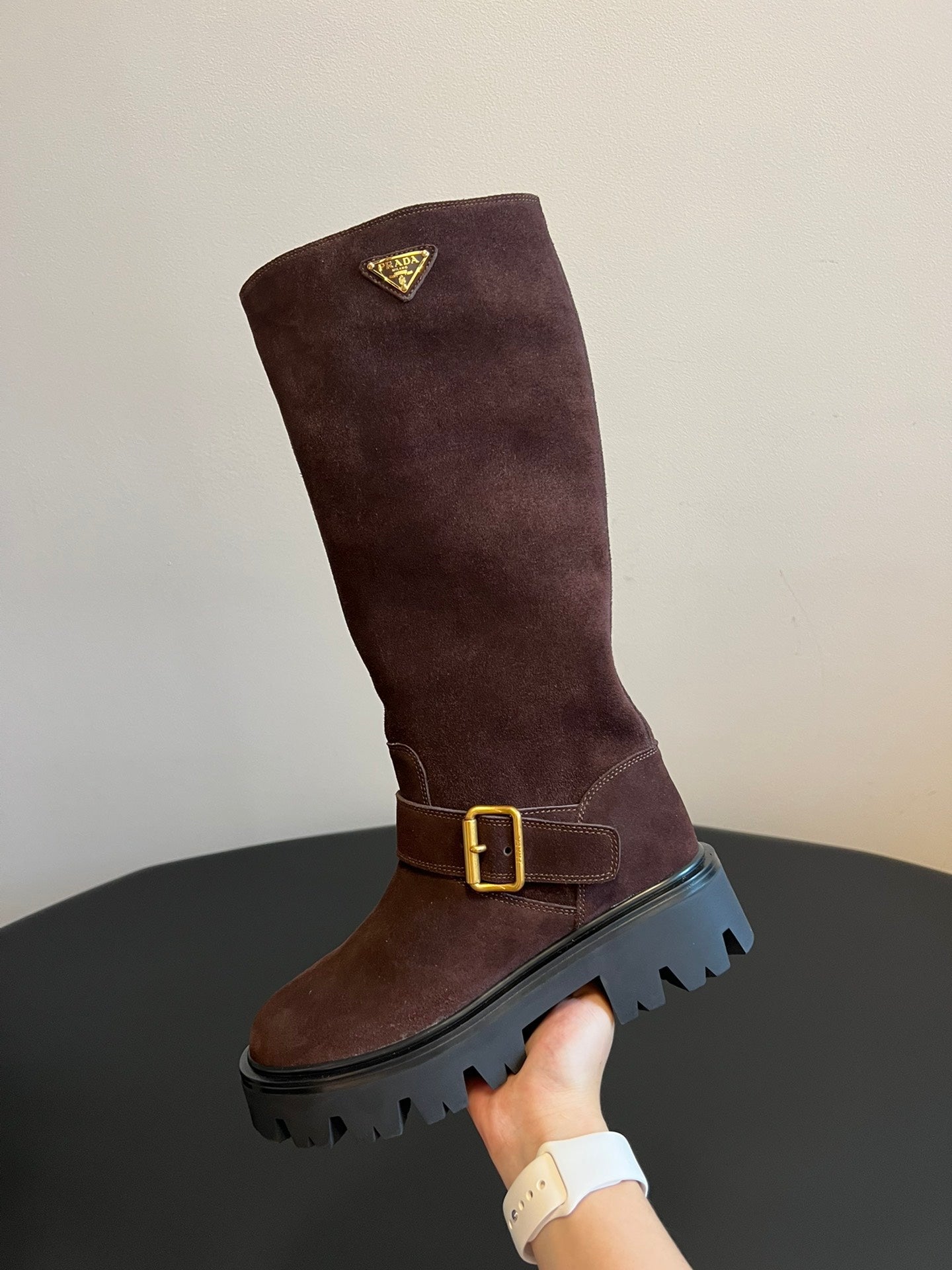 PRADA 25S HIGH-CUT PLATFORM BOOTS IN BROWN SUEDE WITH GOLD HARDWARE - 35
