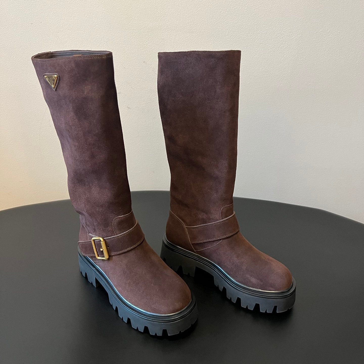 PRADA 25S HIGH-CUT PLATFORM BOOTS IN BROWN SUEDE WITH GOLD HARDWARE - 35