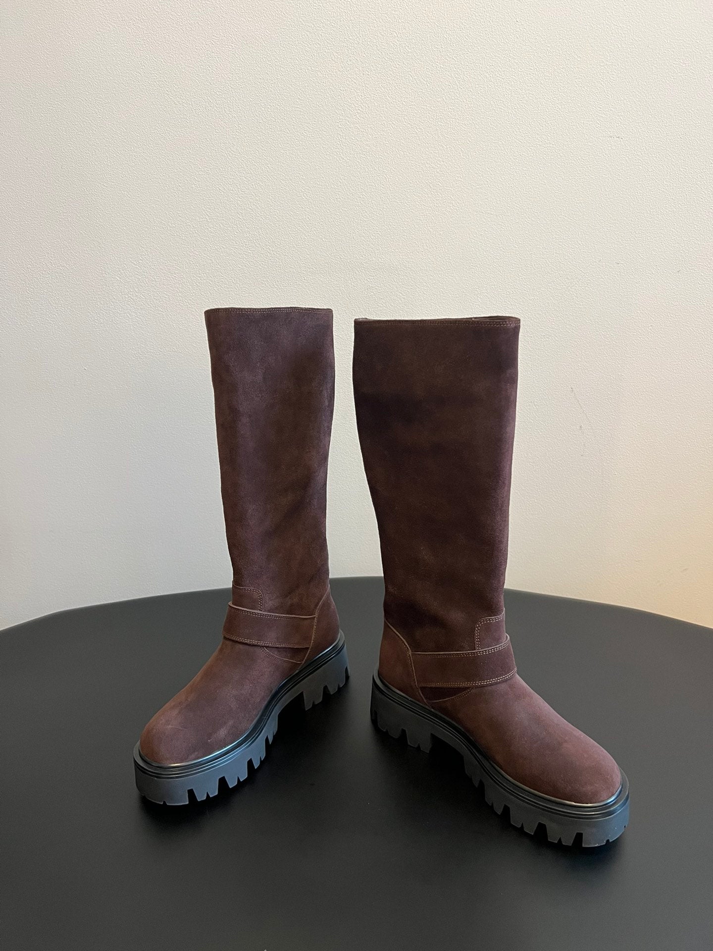 PRADA 25S HIGH-CUT PLATFORM BOOTS IN BROWN SUEDE WITH GOLD HARDWARE - 35