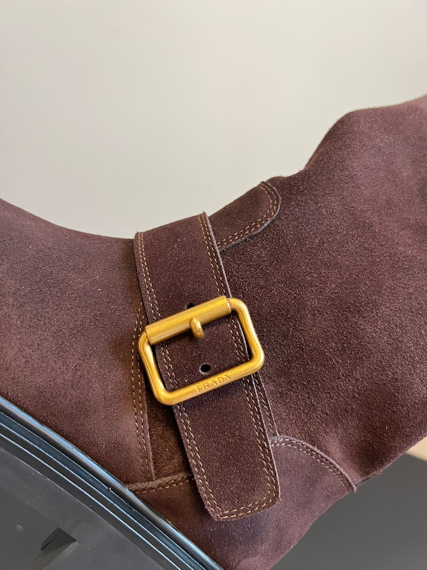PRADA 25S HIGH-CUT PLATFORM BOOTS IN BROWN SUEDE WITH GOLD HARDWARE - 35