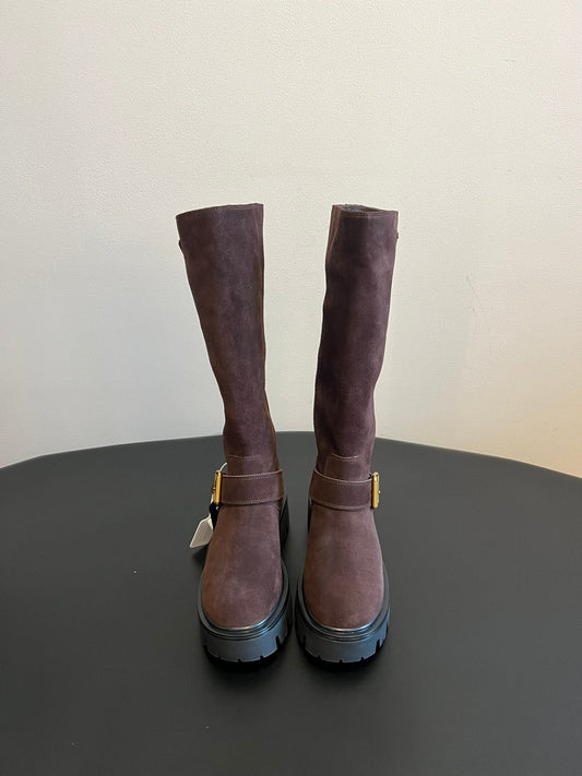 PRADA 25S HIGH-CUT PLATFORM BOOTS IN BROWN SUEDE WITH GOLD HARDWARE - 35