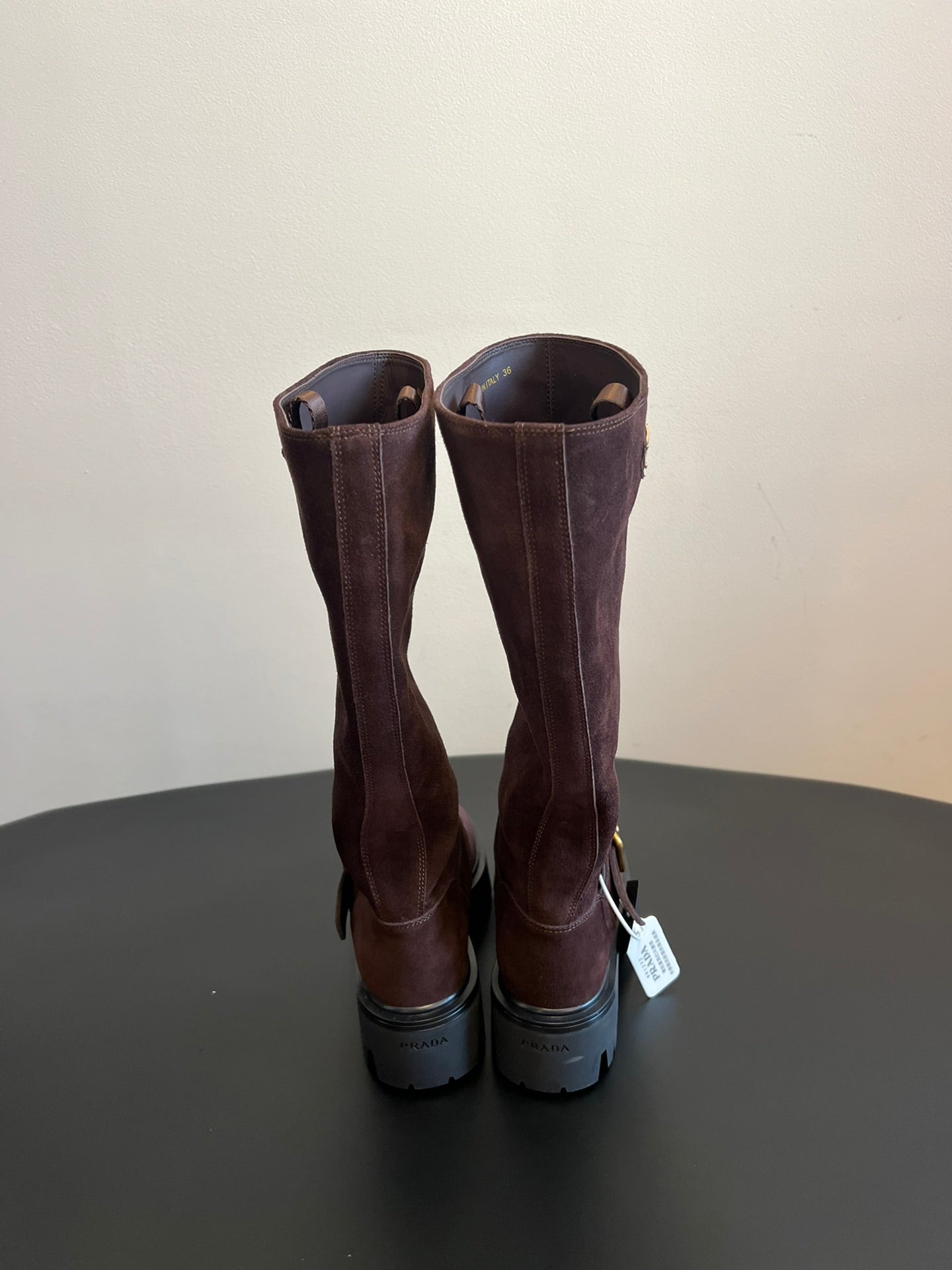 PRADA 25S HIGH-CUT PLATFORM BOOTS IN BROWN SUEDE WITH GOLD HARDWARE - 35