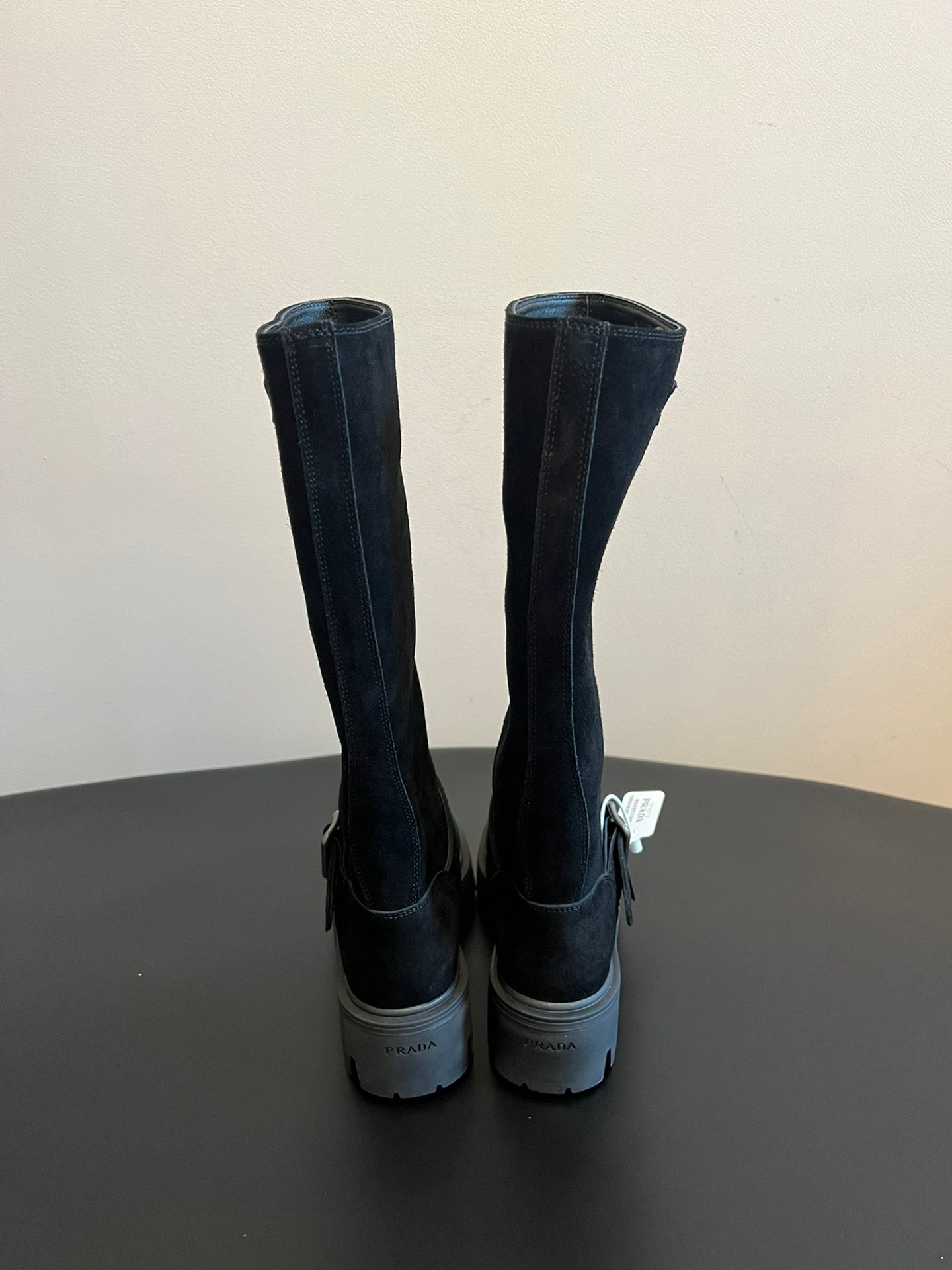 PRADA 25S HIGH-CUT PLATFORM BOOTS IN BLACK SUEDE WITH SILVER HARDWARE - 35