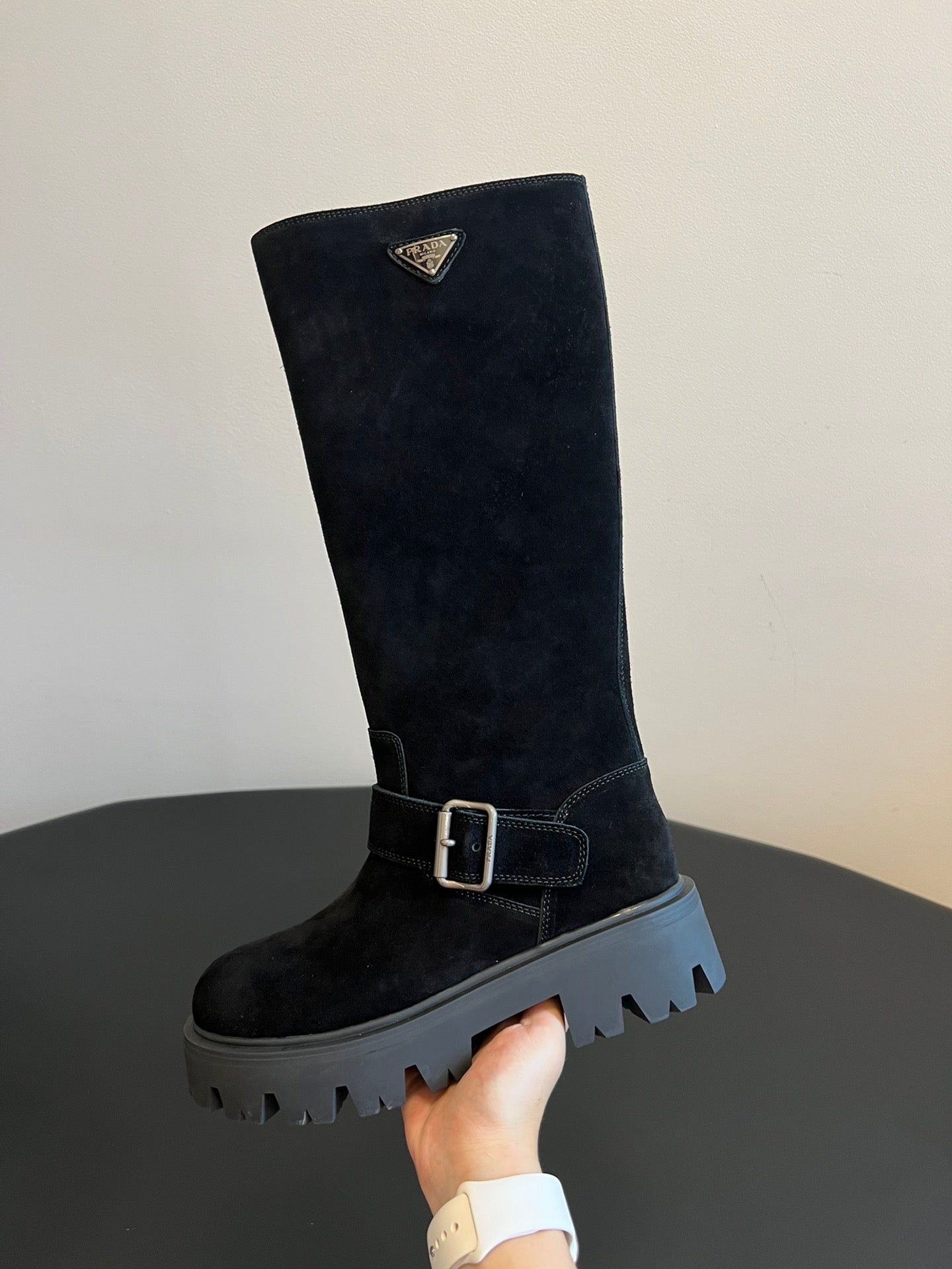 PRADA 25S HIGH-CUT PLATFORM BOOTS IN BLACK SUEDE WITH SILVER HARDWARE - 35