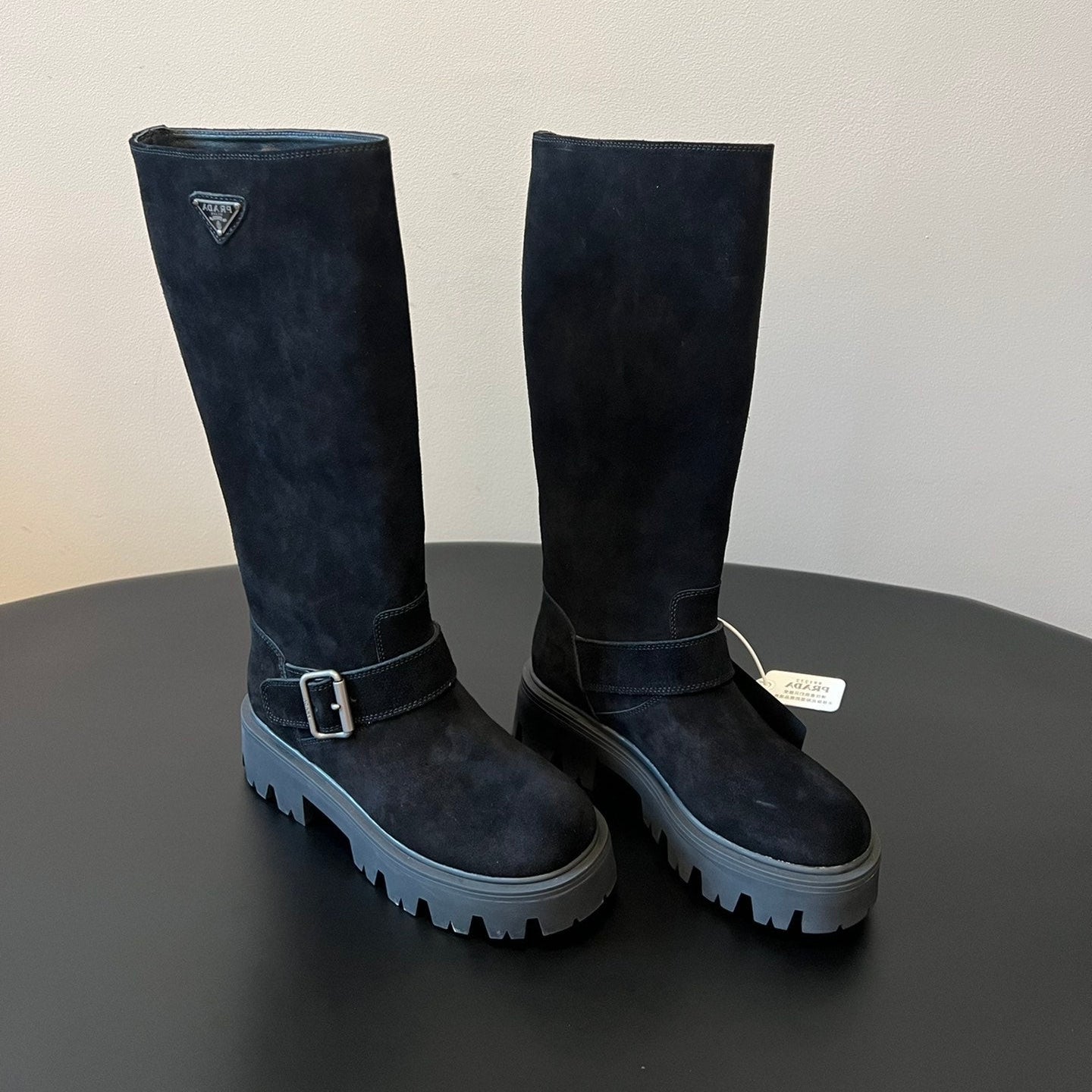 PRADA 25S HIGH-CUT PLATFORM BOOTS IN BLACK SUEDE WITH SILVER HARDWARE - 35