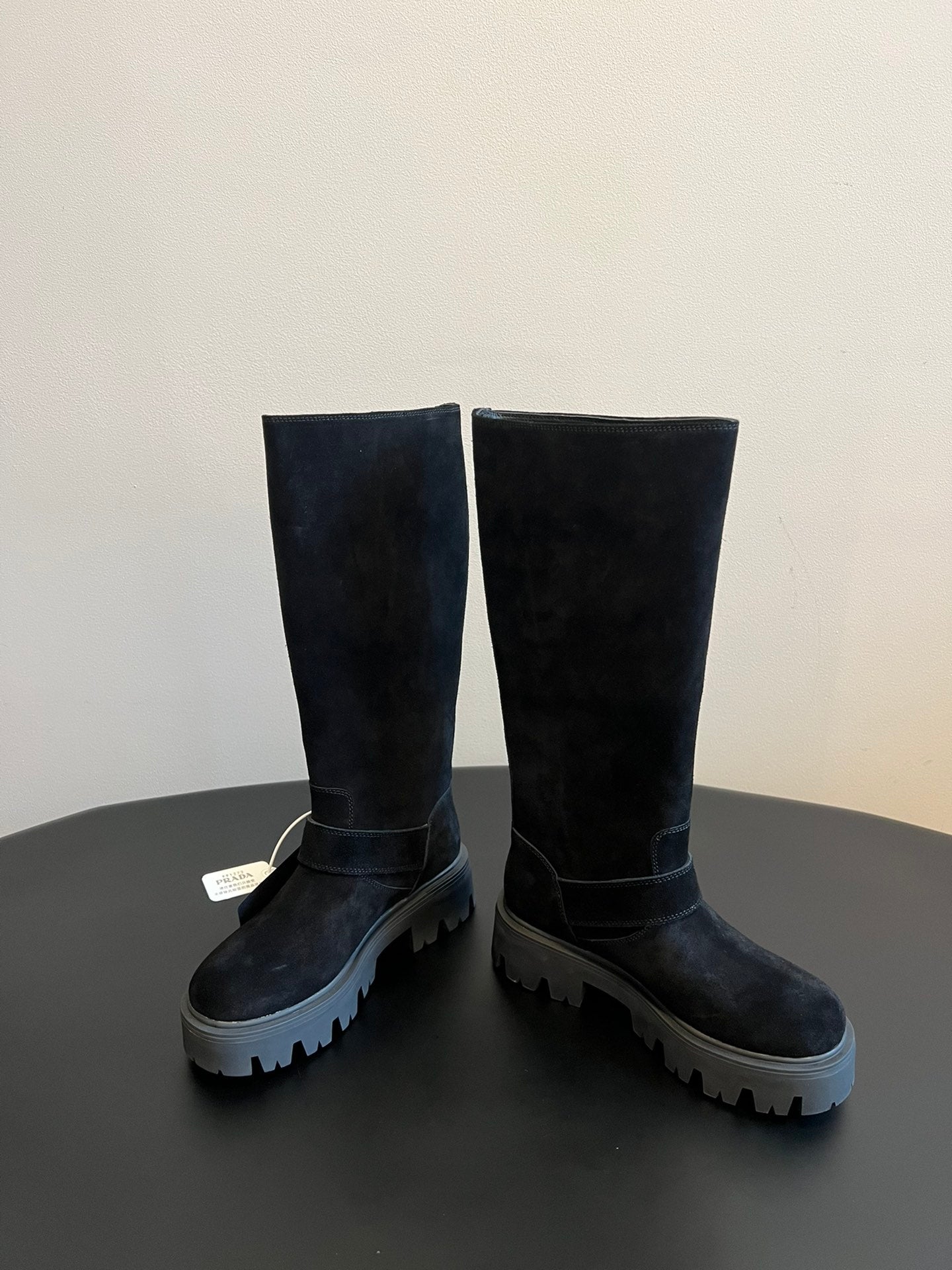 PRADA 25S HIGH-CUT PLATFORM BOOTS IN BLACK SUEDE WITH SILVER HARDWARE - 35
