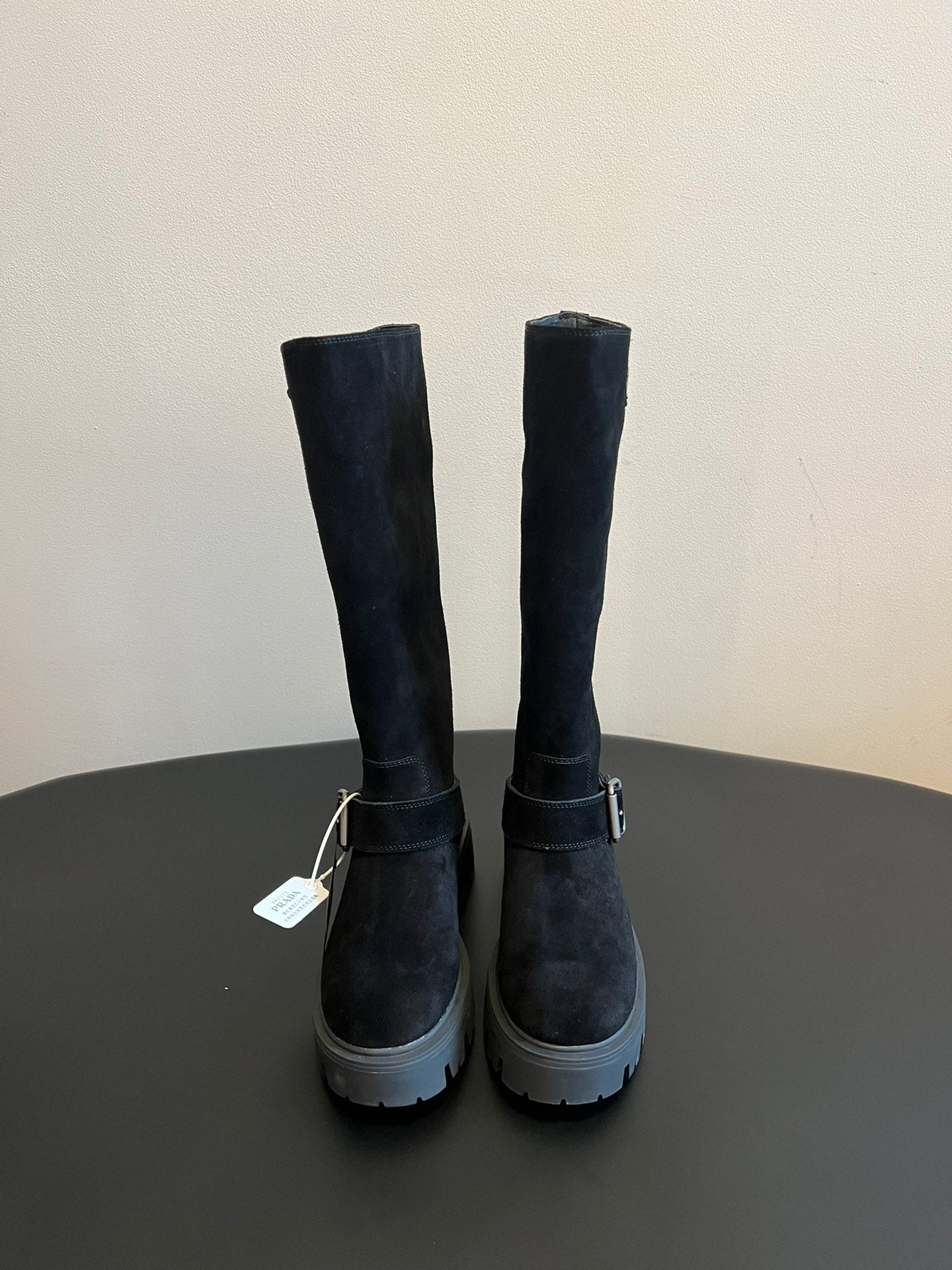PRADA 25S HIGH-CUT PLATFORM BOOTS IN BLACK SUEDE WITH SILVER HARDWARE - 35