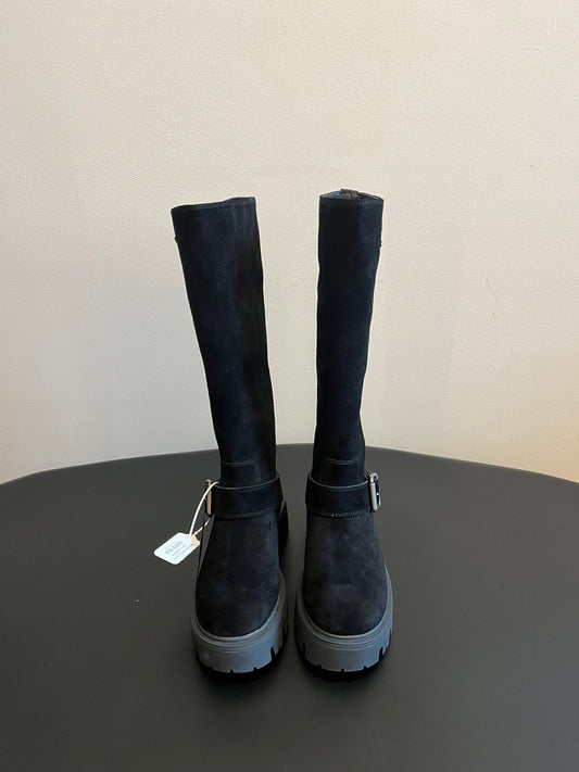PRADA 25S HIGH-CUT PLATFORM BOOTS IN BLACK SUEDE WITH SILVER HARDWARE - 35