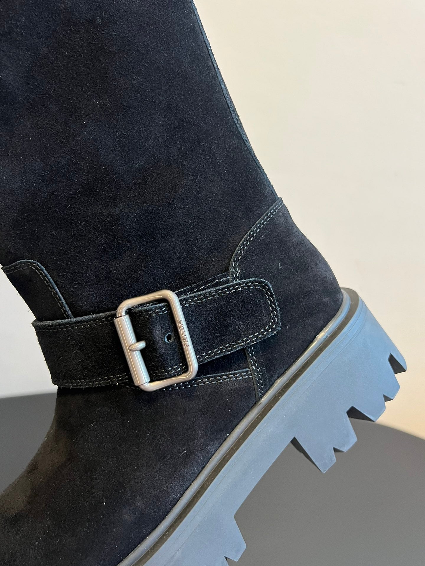PRADA 25S HIGH-CUT PLATFORM BOOTS IN BLACK SUEDE WITH SILVER HARDWARE - 35