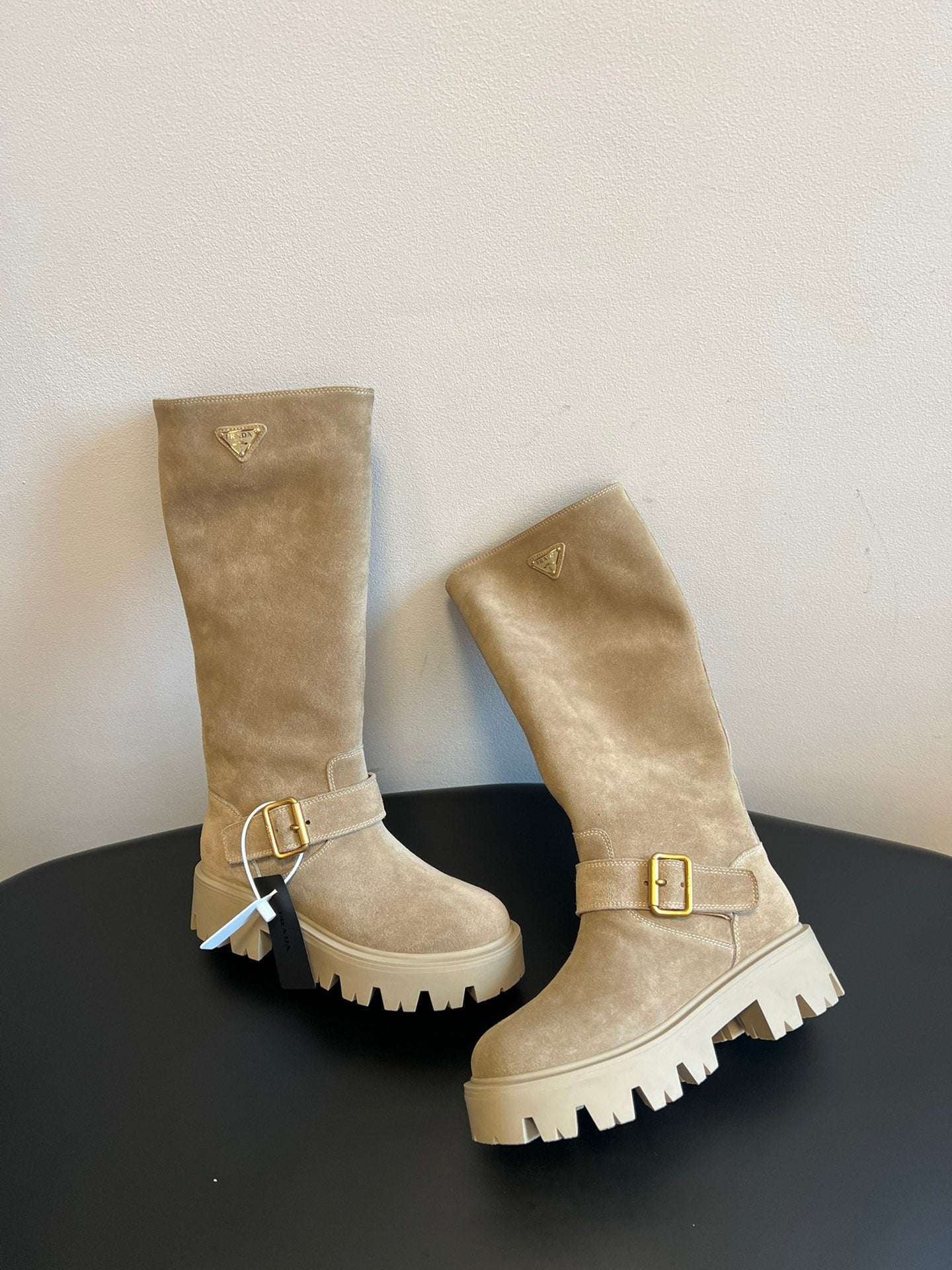 PRADA 25S HIGH-CUT PLATFORM BOOTS IN DARK BEIGE SUEDE WITH GOLD HARDWARE - 35