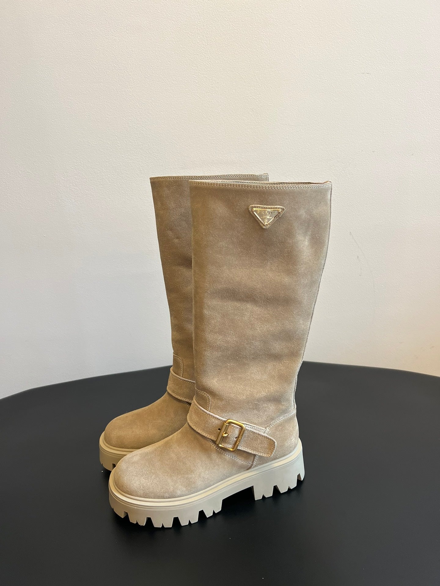 PRADA 25S HIGH-CUT PLATFORM BOOTS IN DARK BEIGE SUEDE WITH GOLD HARDWARE - 35