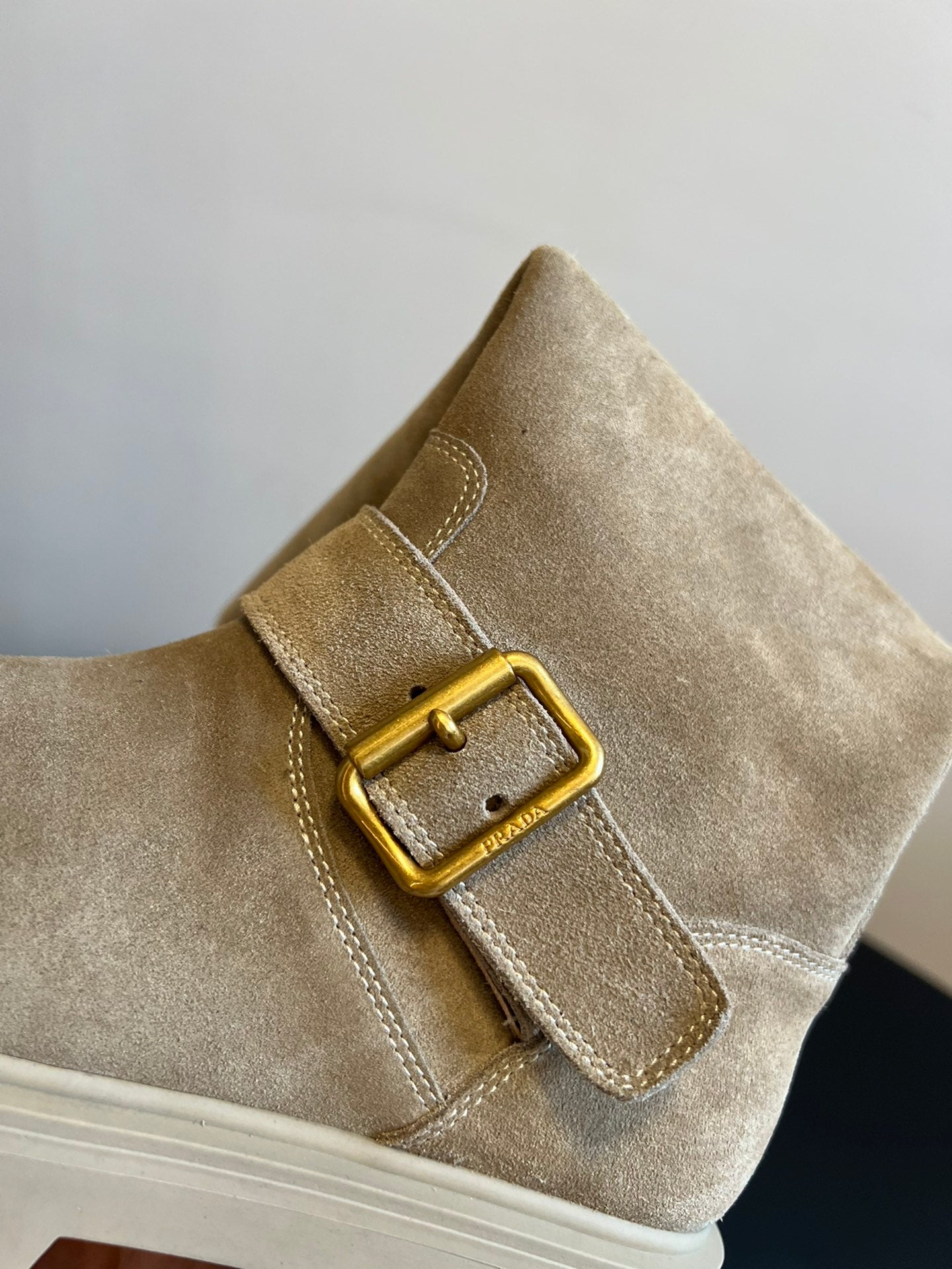 PRADA 25S HIGH-CUT PLATFORM BOOTS IN DARK BEIGE SUEDE WITH GOLD HARDWARE - 35