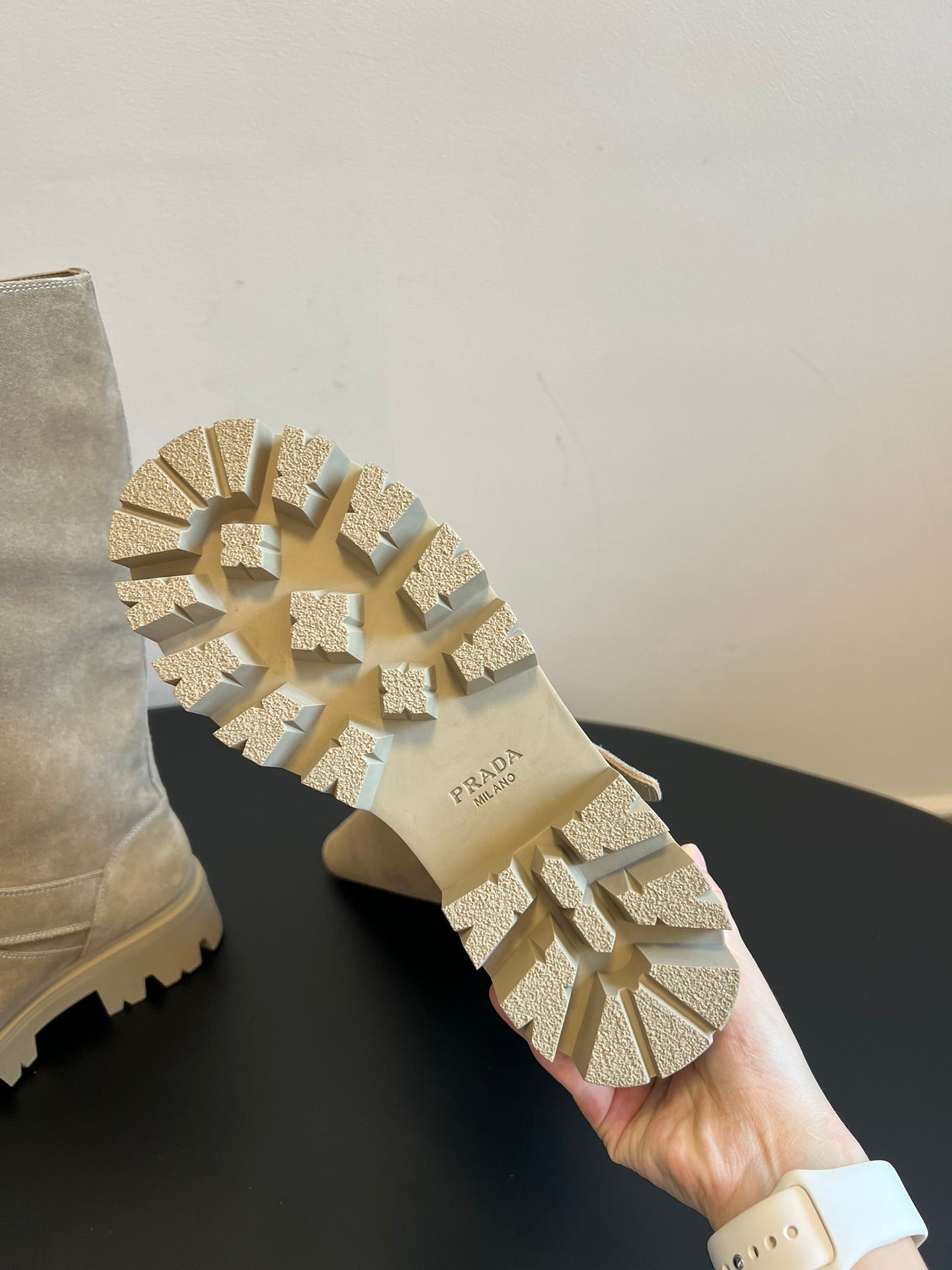 PRADA 25S HIGH-CUT PLATFORM BOOTS IN DARK BEIGE SUEDE WITH GOLD HARDWARE - 35