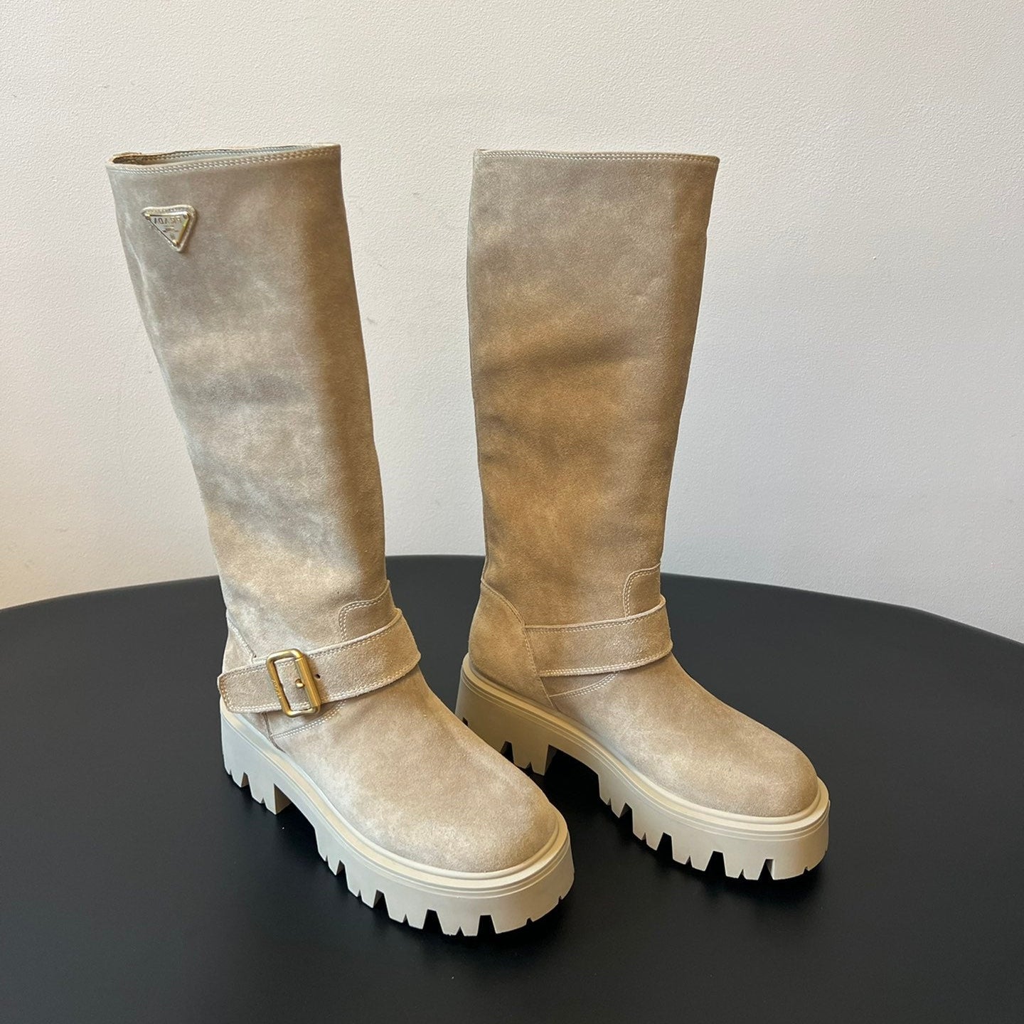 PRADA 25S HIGH-CUT PLATFORM BOOTS IN DARK BEIGE SUEDE WITH GOLD HARDWARE - 35