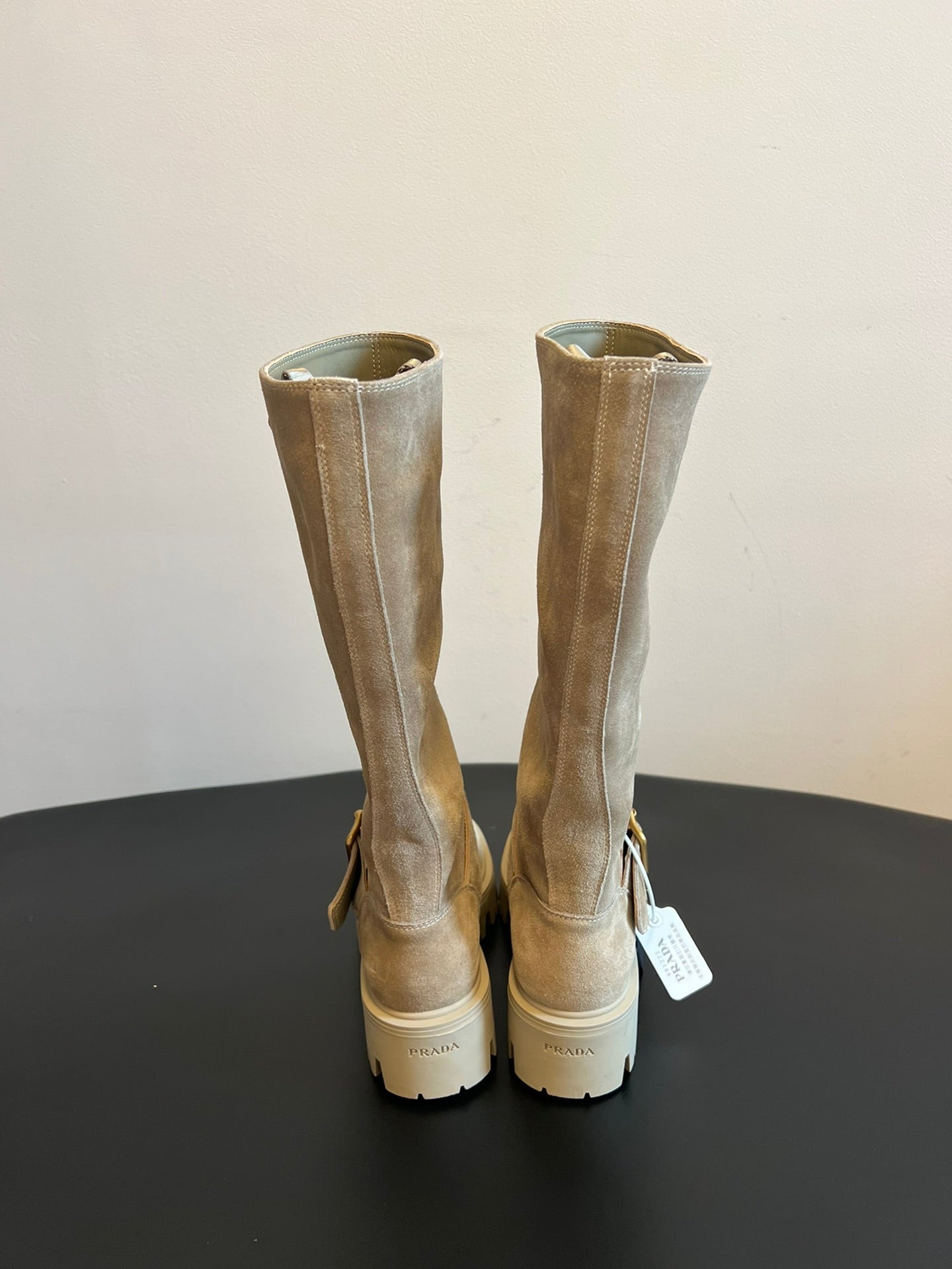 PRADA 25S HIGH-CUT PLATFORM BOOTS IN DARK BEIGE SUEDE WITH GOLD HARDWARE - 35