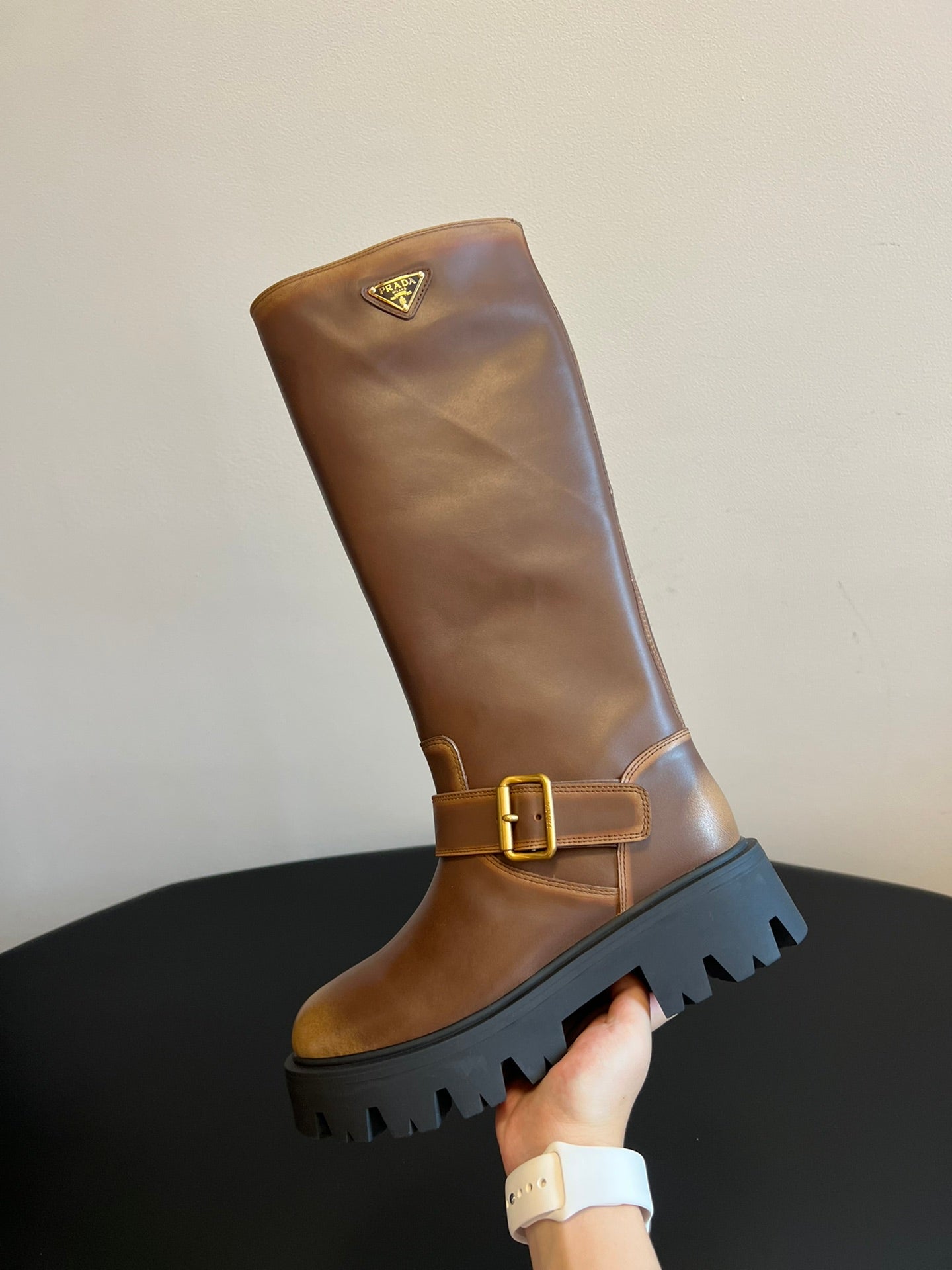 PRADA 25S HIGH-CUT PLATFORM BOOTS IN BROWN CALFSKIN WITH GOLD HARDWARE - 35