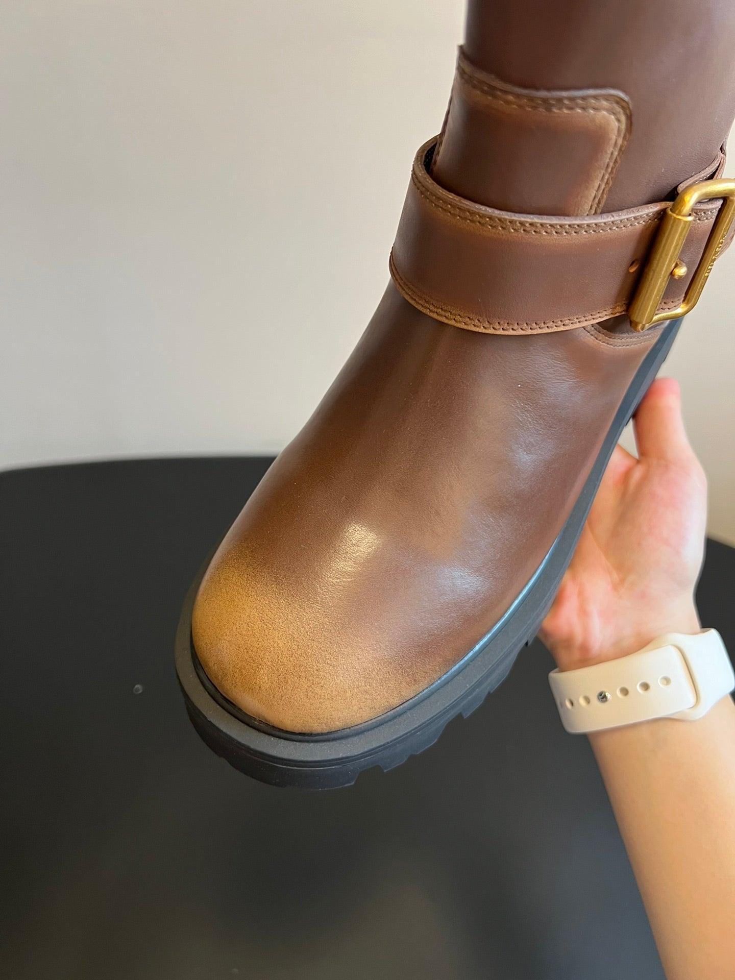 PRADA 25S HIGH-CUT PLATFORM BOOTS IN BROWN CALFSKIN WITH GOLD HARDWARE - 35