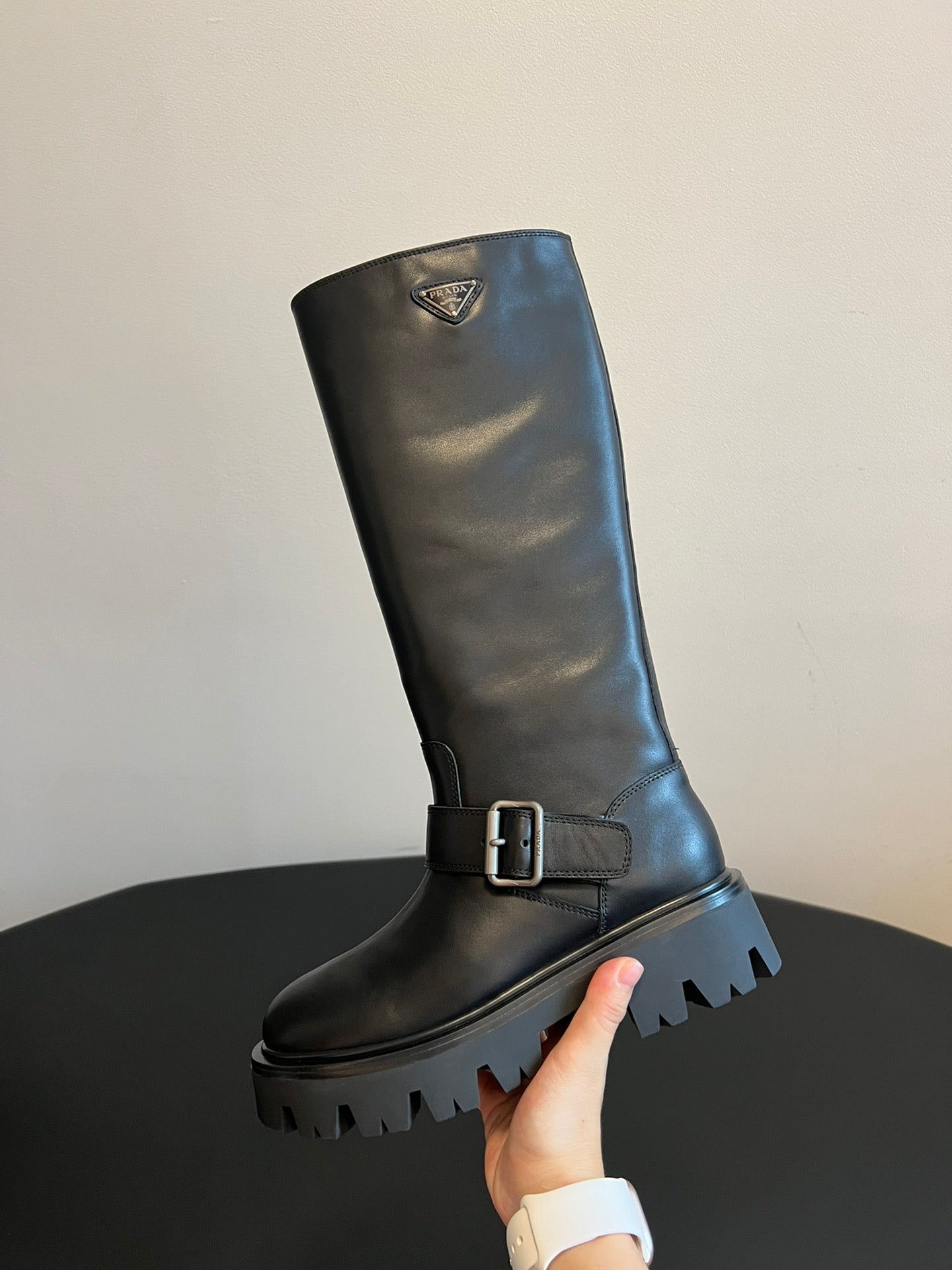 PRADA 25S HIGH-CUT PLATFORM BOOTS IN BLACK CALFSKIN WITH SILVER HARDWARE - 35