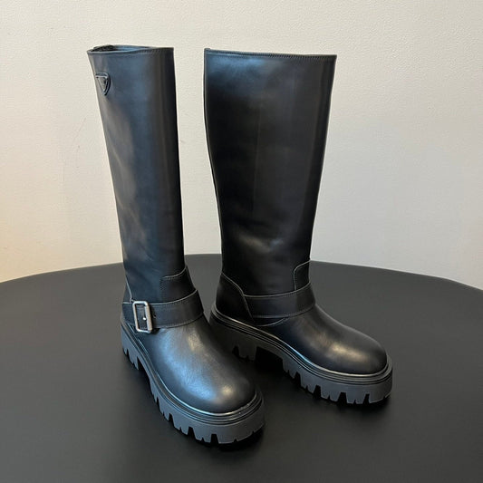 PRADA 25S HIGH-CUT PLATFORM BOOTS IN BLACK CALFSKIN WITH SILVER HARDWARE - 35