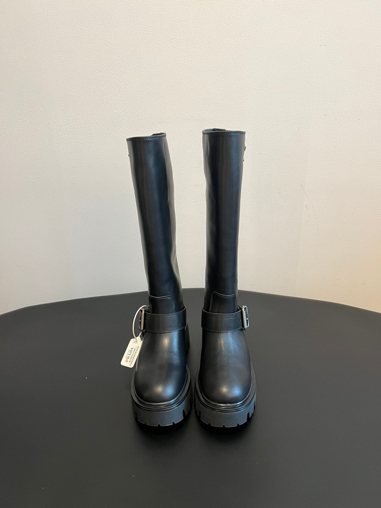 PRADA 25S HIGH-CUT PLATFORM BOOTS IN BLACK CALFSKIN WITH SILVER HARDWARE - 35