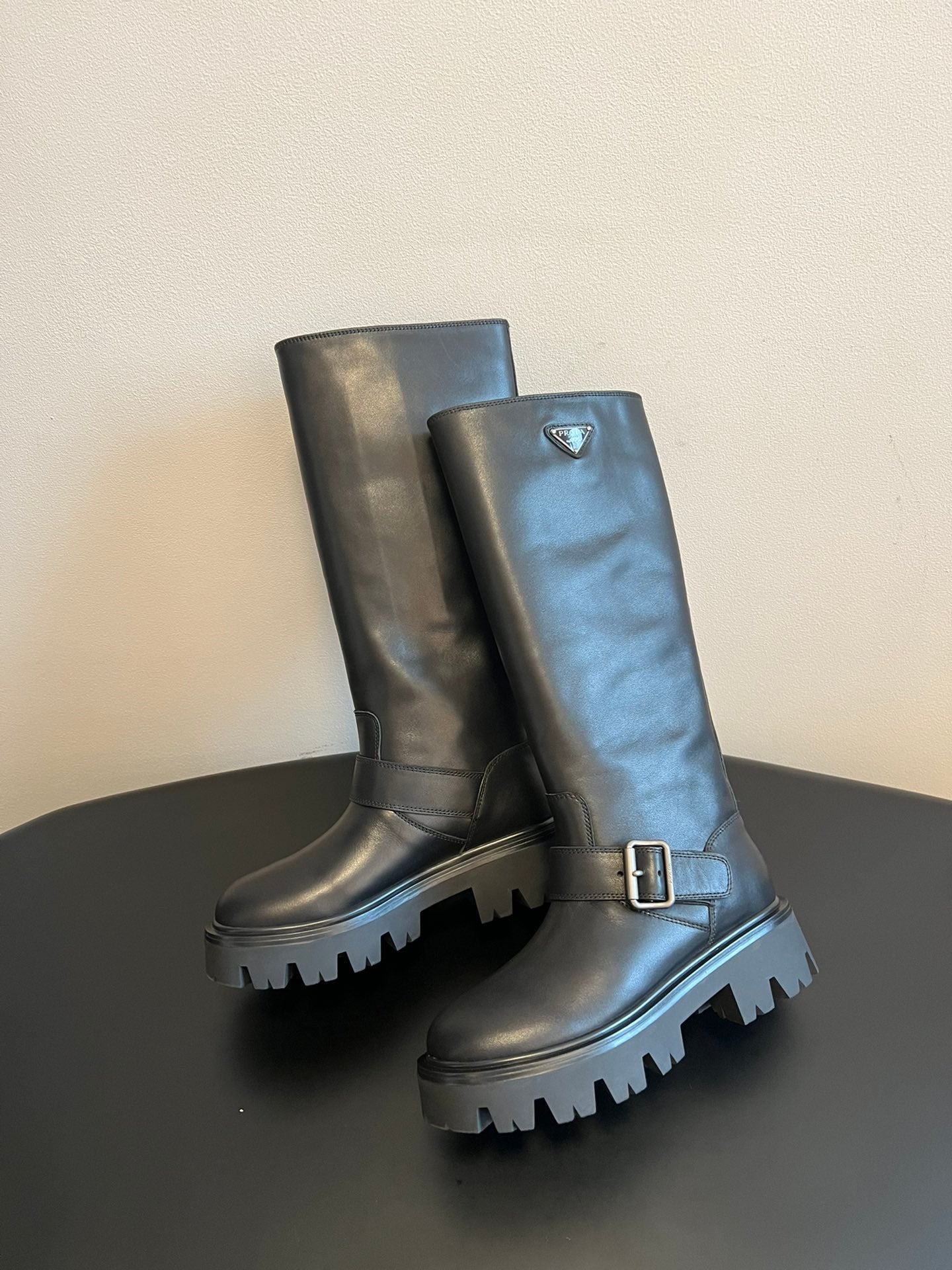 PRADA 25S HIGH-CUT PLATFORM BOOTS IN BLACK CALFSKIN WITH SILVER HARDWARE - 35