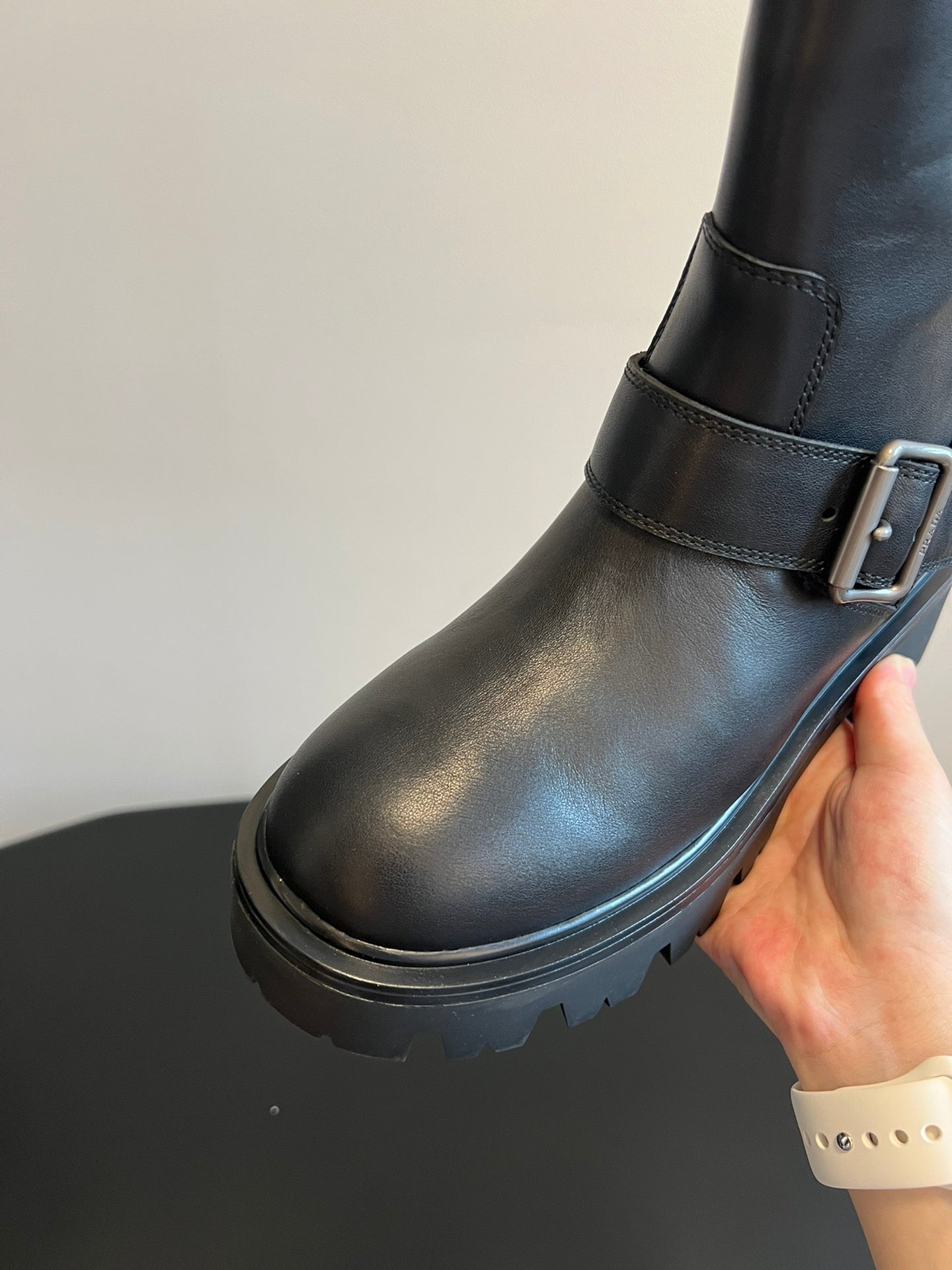 PRADA 25S HIGH-CUT PLATFORM BOOTS IN BLACK CALFSKIN WITH SILVER HARDWARE - 35