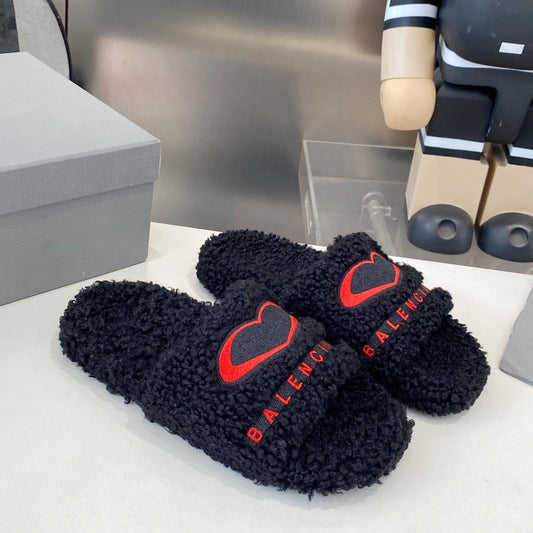 BALENCIAGA 25S FLAT SLIPPERS IN BLACK MIX RED WOOL - 35