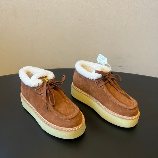 PRADA 25S HIGH-TOP SHOES 40 MM IN BROWN SUEDE SHEARLING-LINED - 35