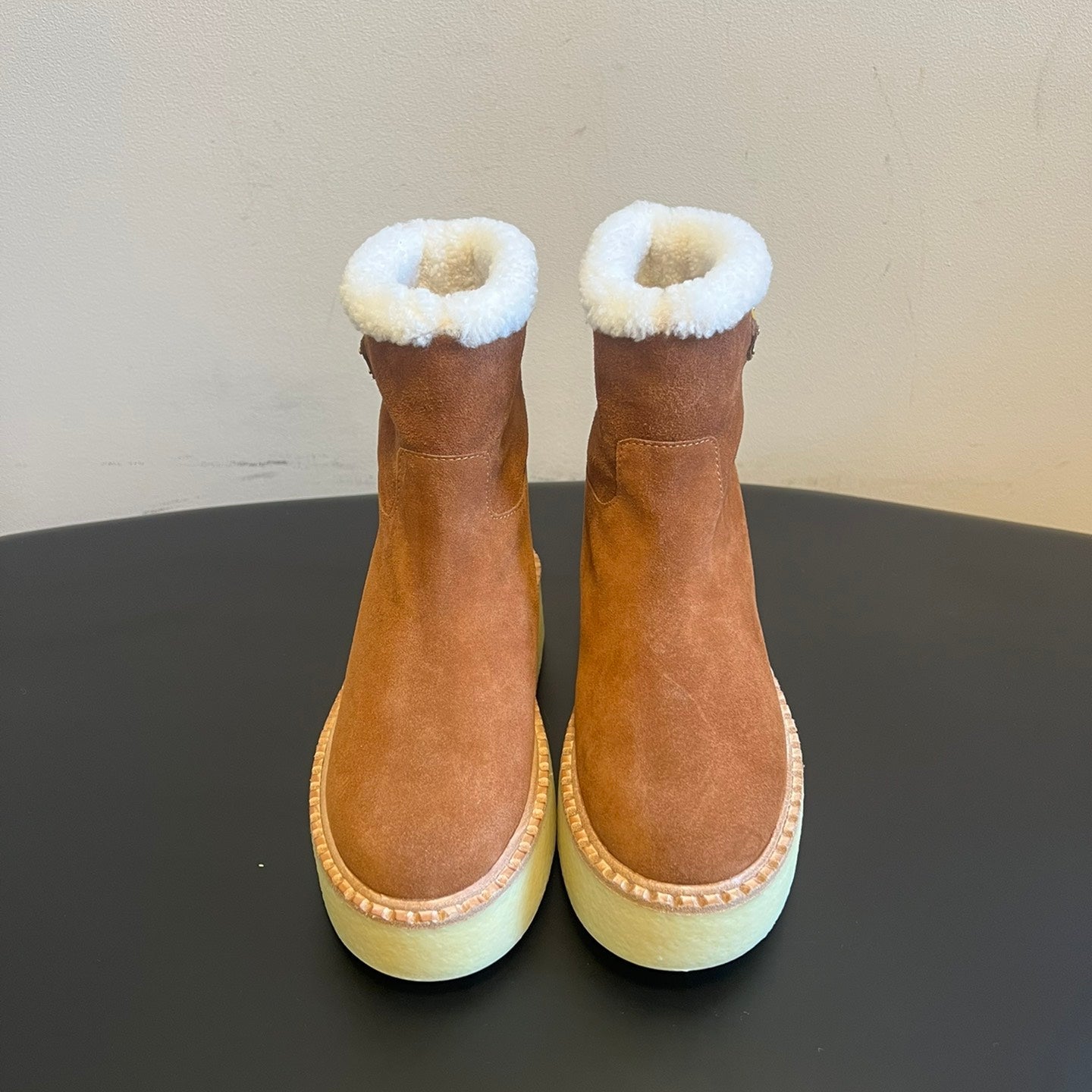PRADA 25S ANKLE BOOTS 40 MM IN BROWN SUEDE SHEARLING-LINED - 35
