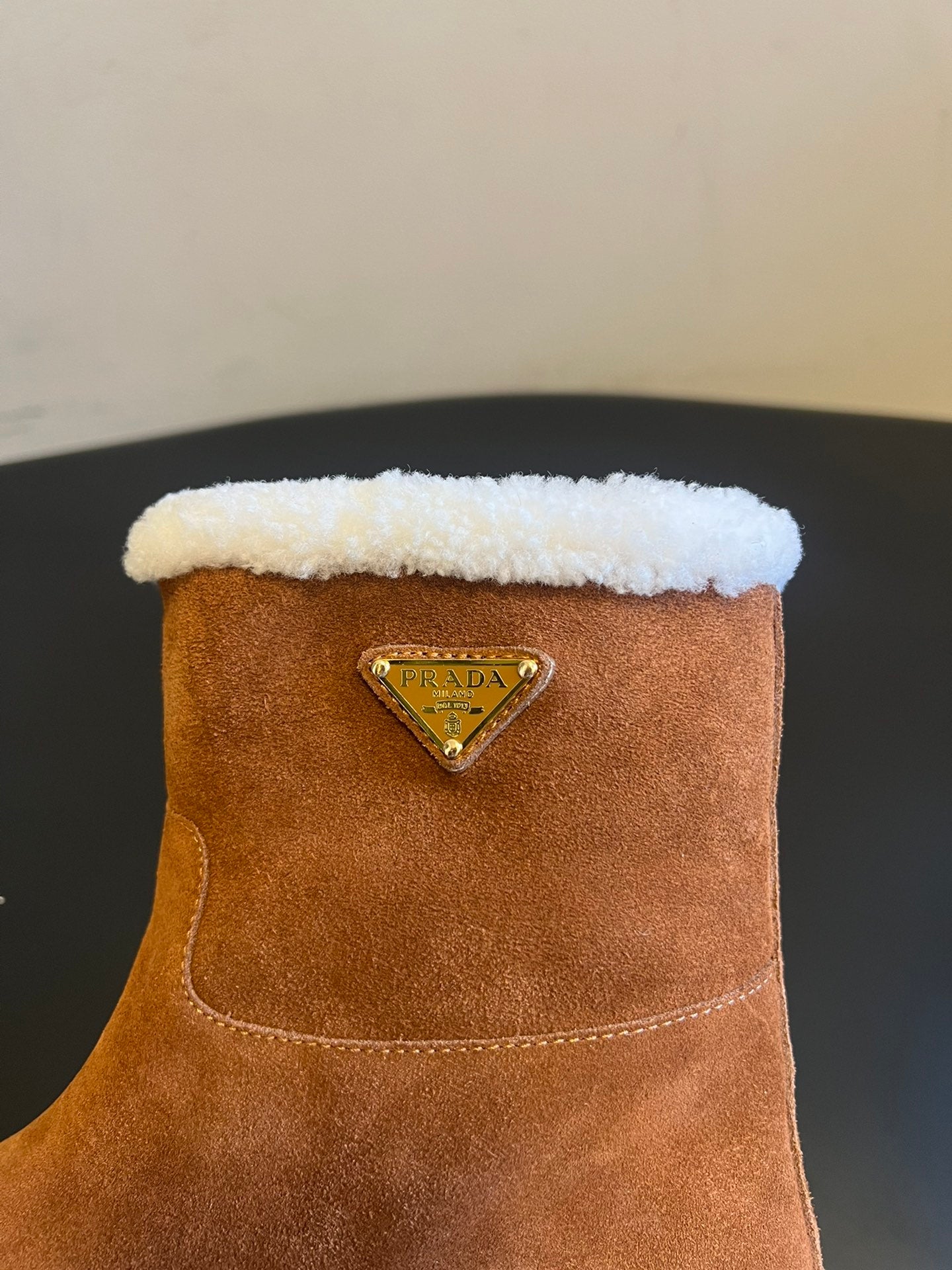 PRADA 25S ANKLE BOOTS 40 MM IN BROWN SUEDE SHEARLING-LINED - 35