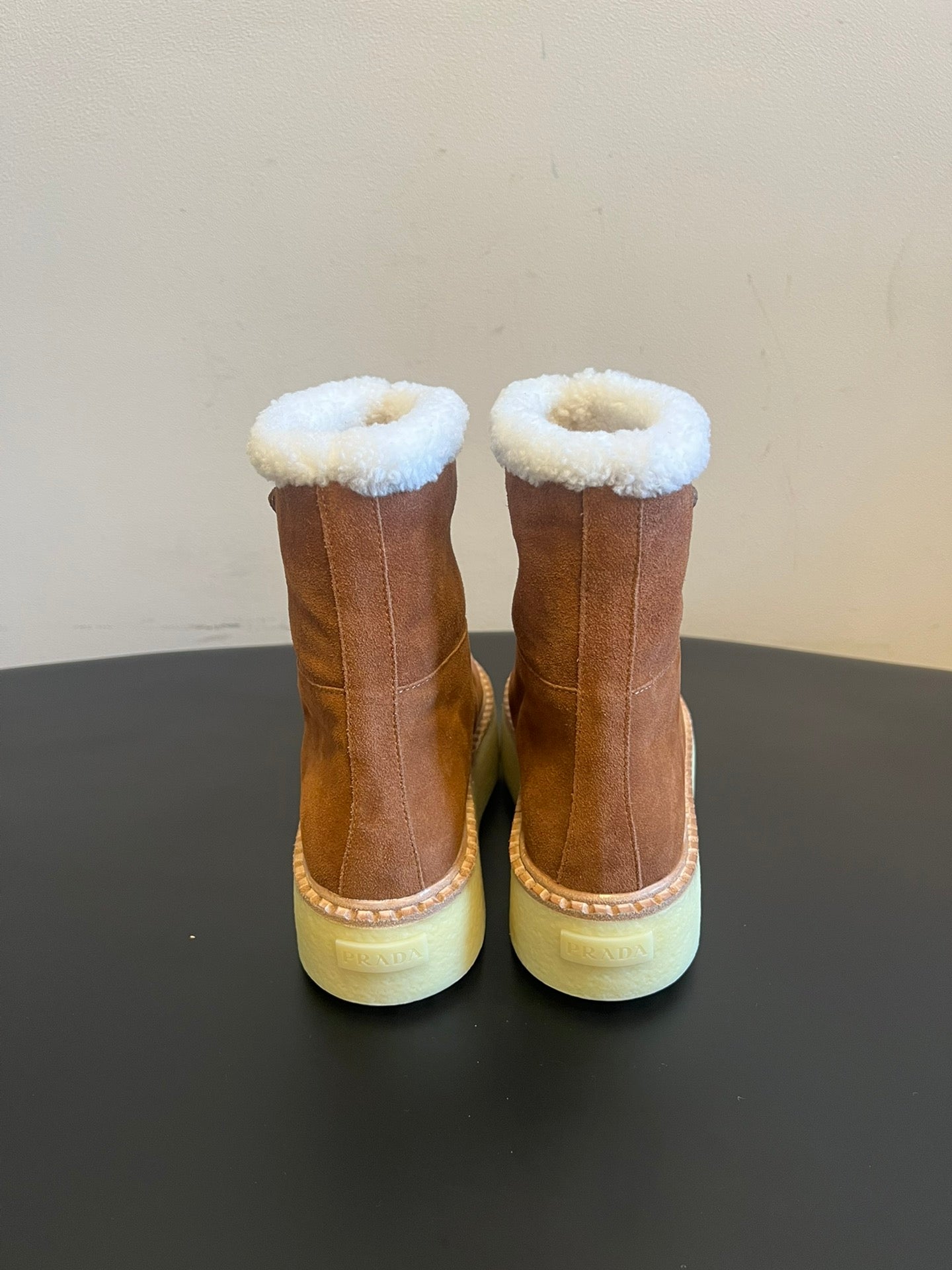 PRADA 25S ANKLE BOOTS 40 MM IN BROWN SUEDE SHEARLING-LINED - 35