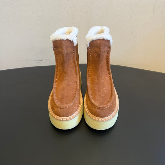 PRADA 25S PLATFORM ANKLE BOOTS 40 MM IN BROWN SUEDE SHEARLING-LINED - 35