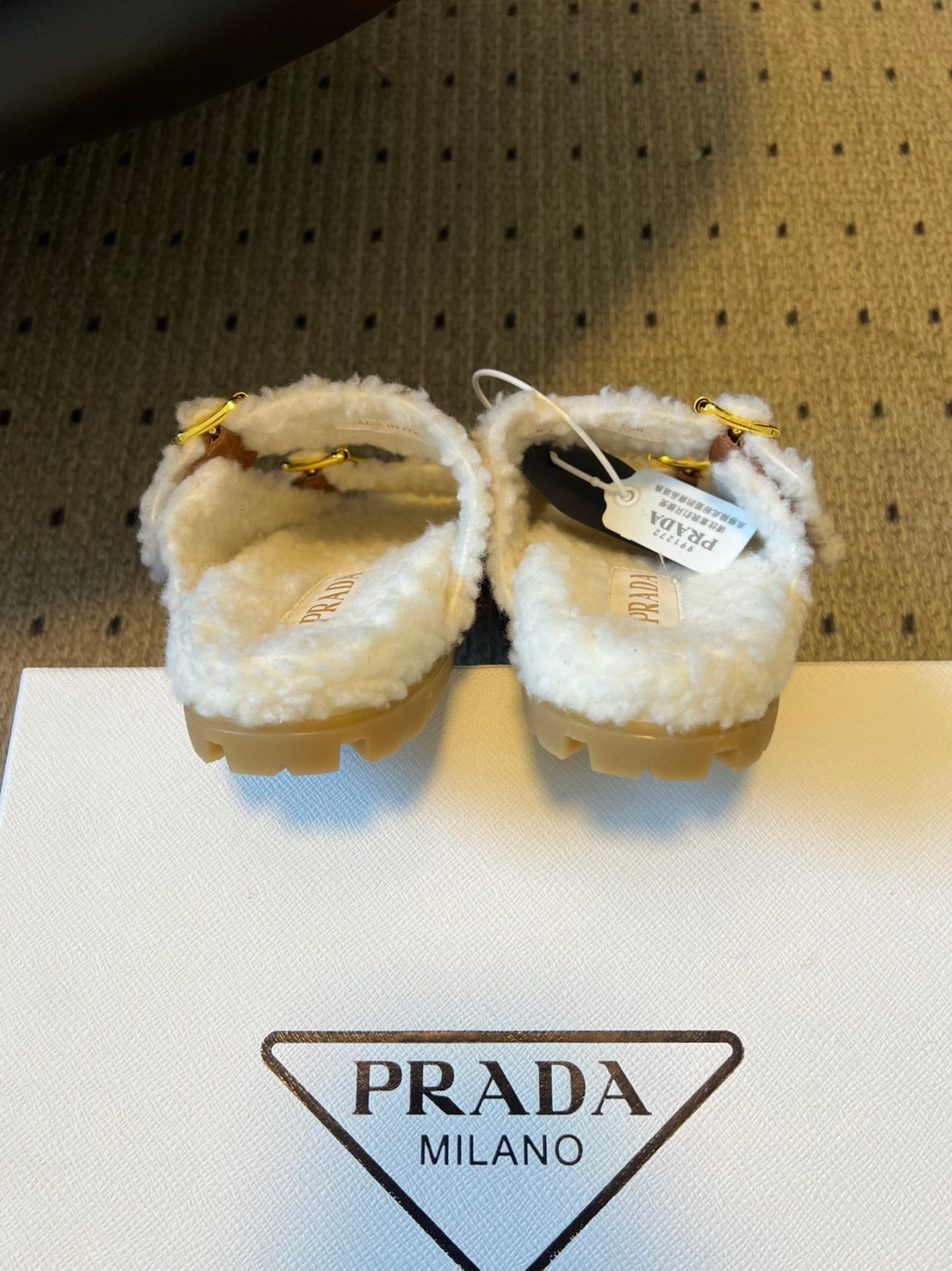 PRADA 25S TWO-STRAP SANDALS IN BROWN SUEDE AND WHITE SHEARLING WITH GOLD HARDWARE - 35
