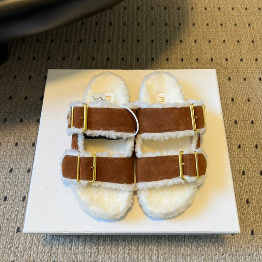 PRADA 25S TWO-STRAP SANDALS IN BROWN SUEDE AND WHITE SHEARLING WITH GOLD HARDWARE - 35