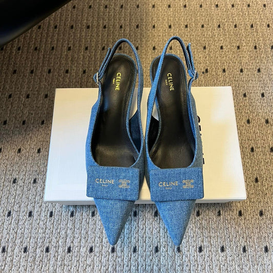 CELINE 26S СЛІНГБЕКИ НА ВИСОКИХ ПІДБОРАХ 55 ММ ІЗ СИНЬОГО ДЕНІМУ